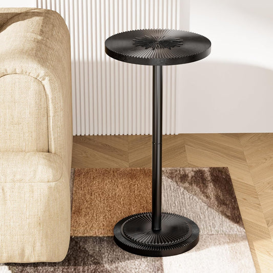 Carved Drink Table, Round Small Side Table for Small Spaces, Modern Accent Tables, End Tables with Carved Top & Base for Living Room, Bedroom, Corners, and Office (Black, 11.81 inch)