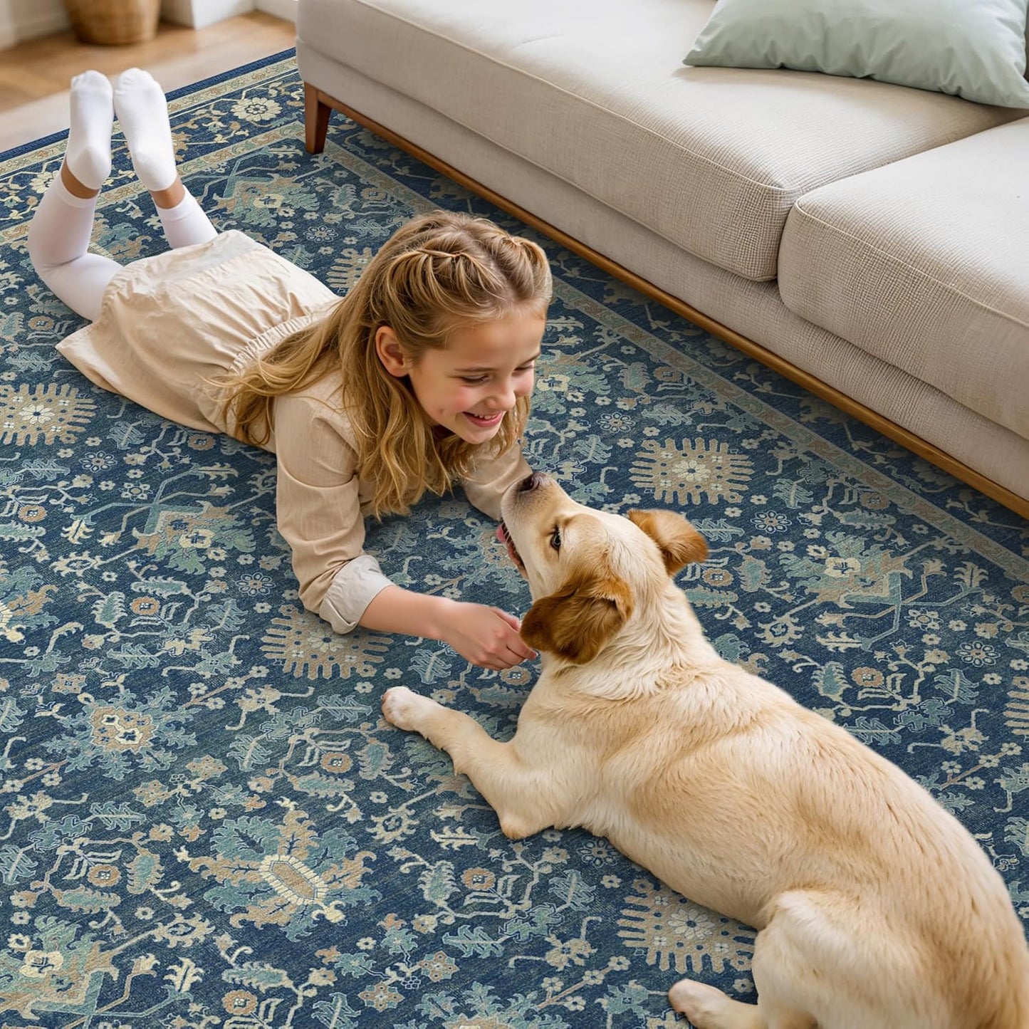 8X10 Area Rugs Machine Washable Runner Rugs for Living Room Bedroom Hallway, Non Slip Indoor Soft Accent Distressed Boho Vintage Print Lightweight Thin Low Pile Carpet, Navy