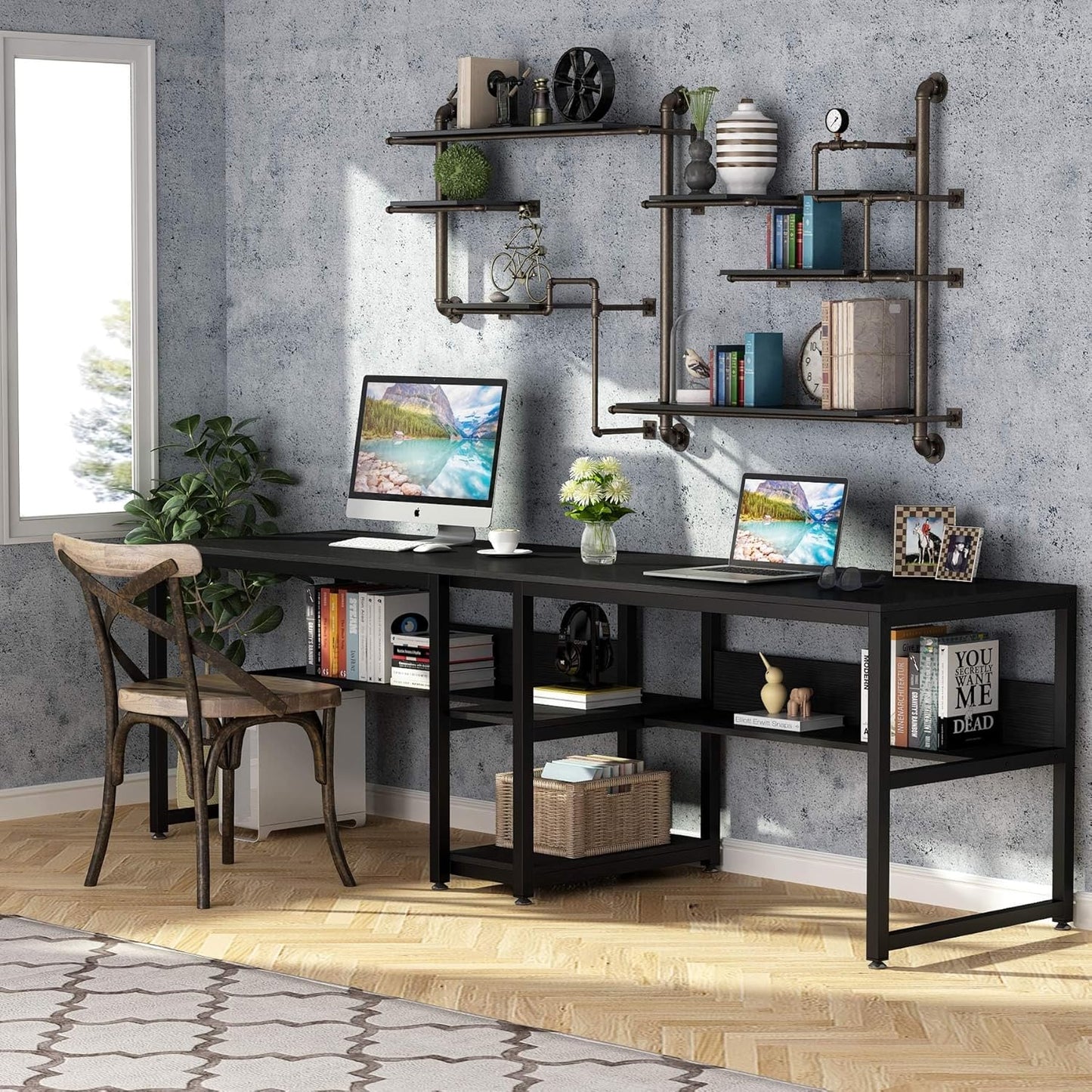 Tribesigns Two Person Desk with Bookshelf, 78.7 Computer Office Double Desk for Two Person, Rustic Writing Desk Workstation with Shelf for Home Office (Black)