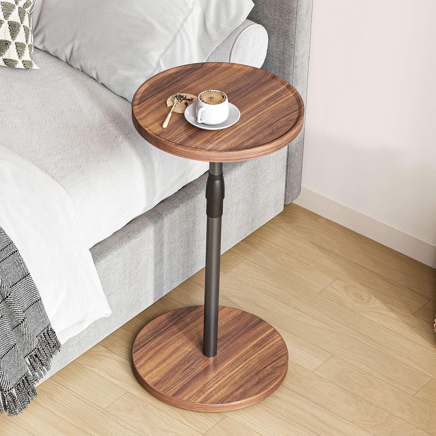 Adjustable End Table, Small Round Side Table, Drink Table for Small Spaces, Pedestal Nightstand for Living Room, Bedroom, Sofa Couch, Brown ET-010BR