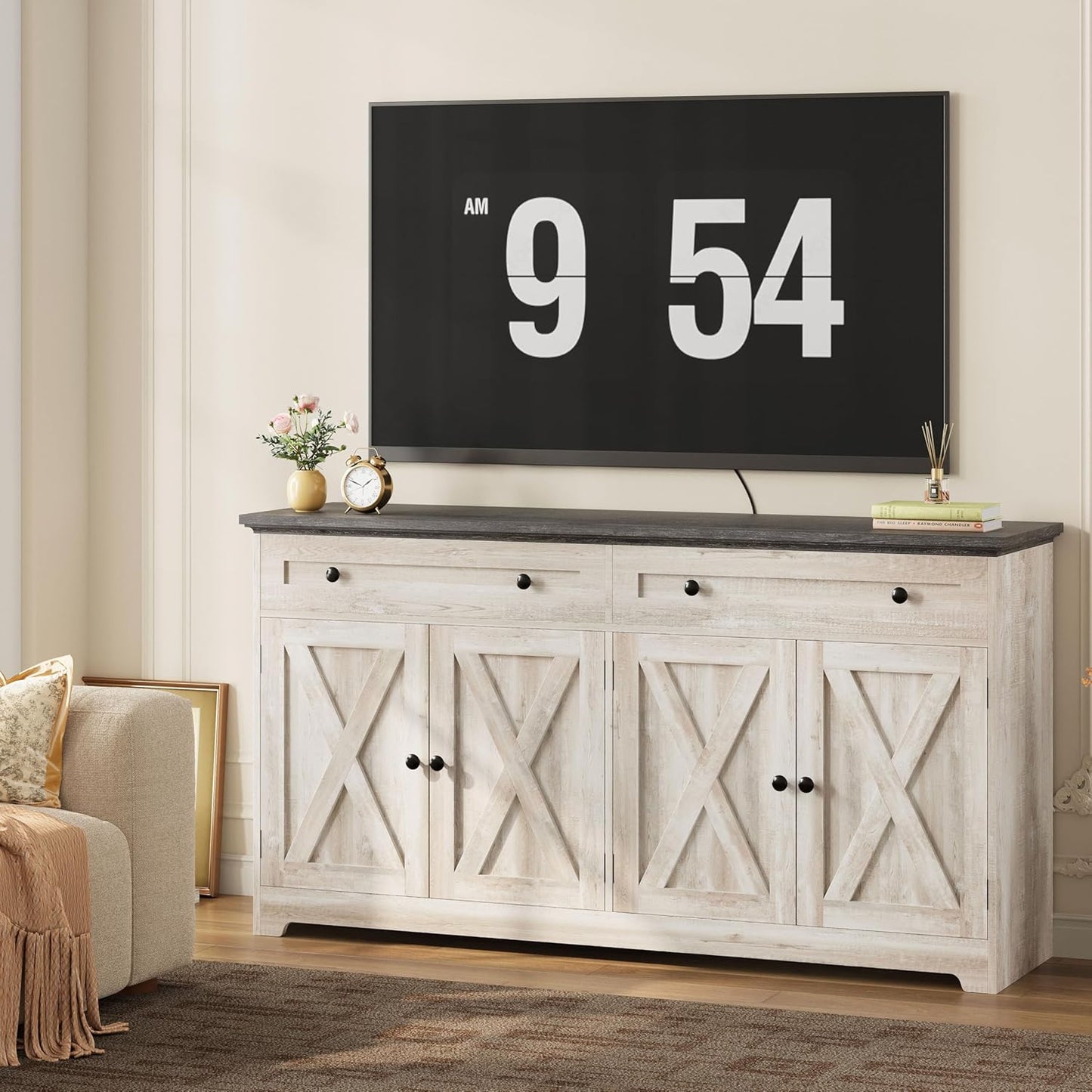 IRONCK Buffet Cabinet with Storage, Sideboard Storage Cabinet, Kitchen Cabinet with Drawers and Doors, Charcoal Grey and Beige Maple