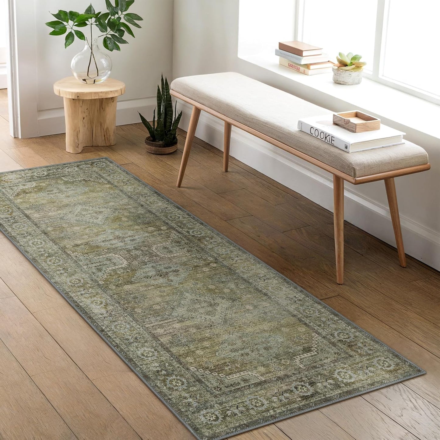 GENIMO Runner Rug 2x6 Non Slip Machine Washable Vintage Hallway Runner Rugs, Low Pile Lightweight Mat for Living Room, Entryway, Bedroom, Kitchen and Corridor, Distressed Sage