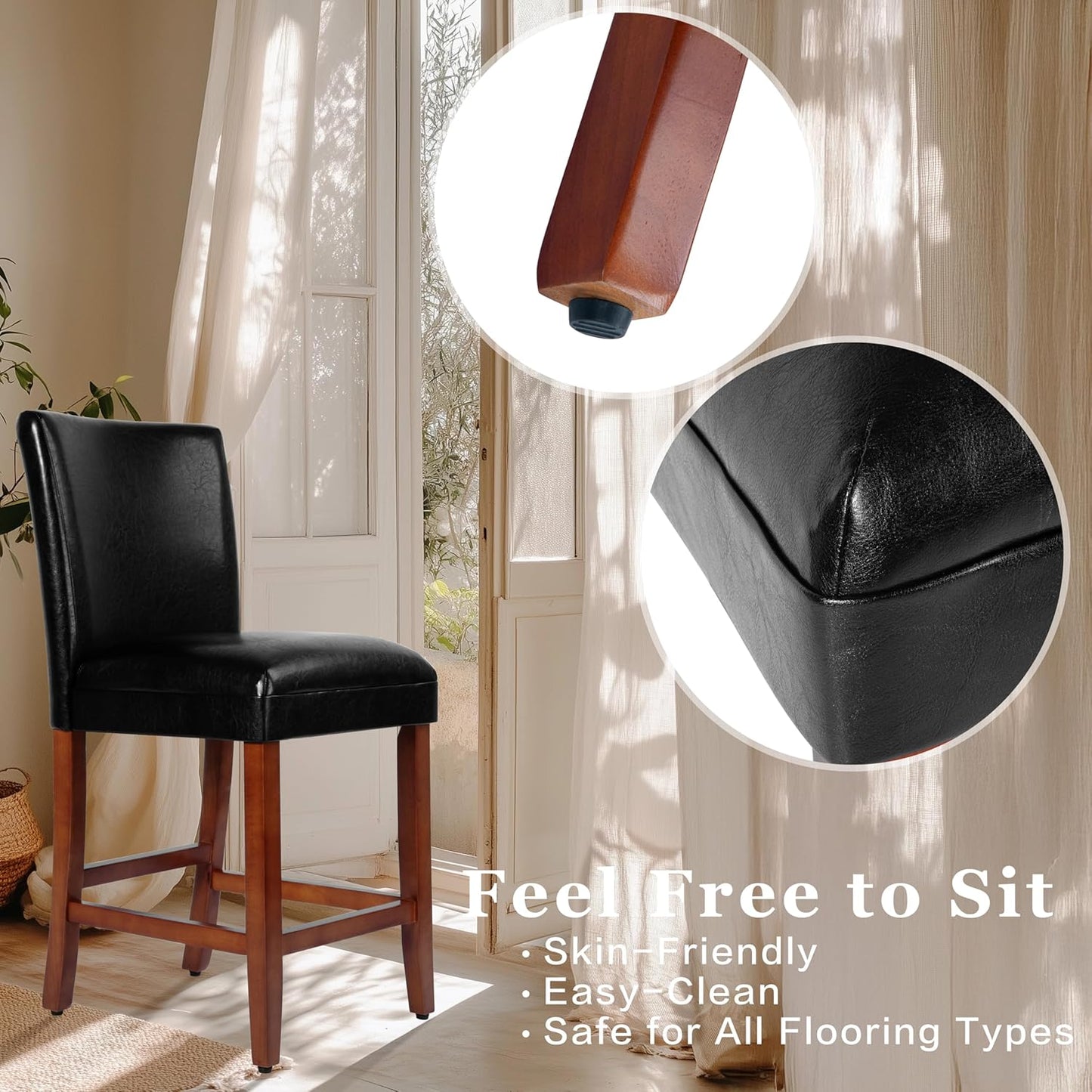 Homepop Home Decor | Classic Counter Height Bar Stools | Faux Leather 24 Inch Bar Stools | Decorative Home Furniture (Black)Single Pack