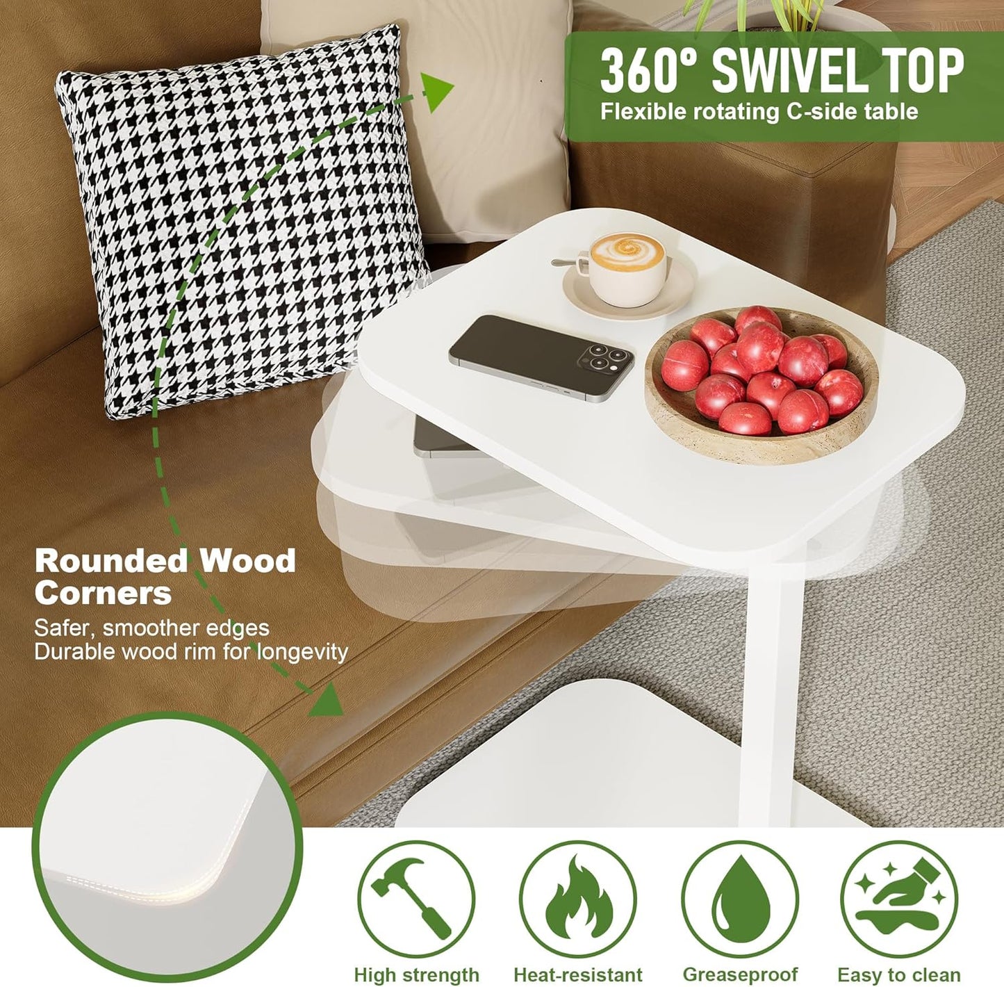 C Shaped End Table for Couch, Adjustable Height Couch Side Table, Horizontal 360°Swivel Small TV Tray Table Couch Side Tables That Slide Under (White)