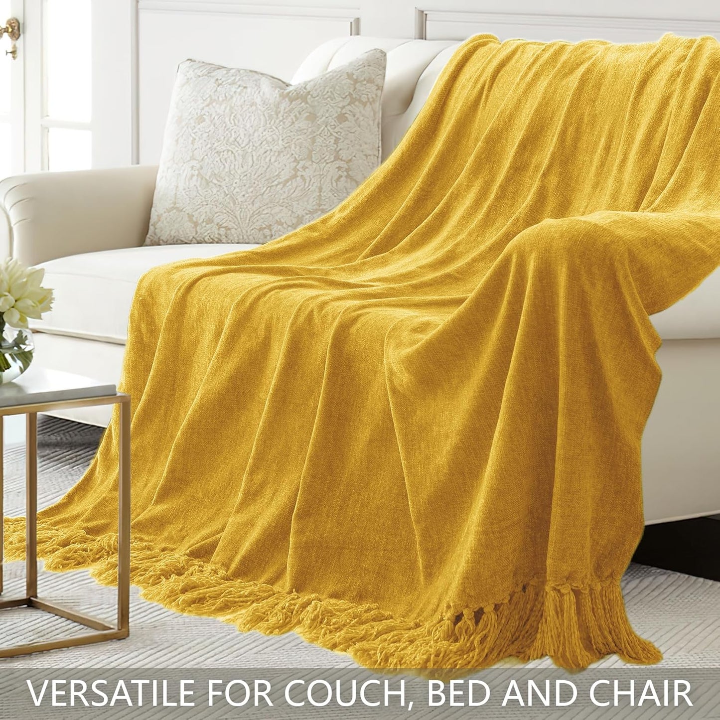 Chenille Throw Blanket for Couch 60"X 80" Twin, Soft Cozy Throws with Fringe Tassel for Bed Sofa Chair Cover, Lightweight Knitted Decorative Boho Blankets for Living Room, Yellow