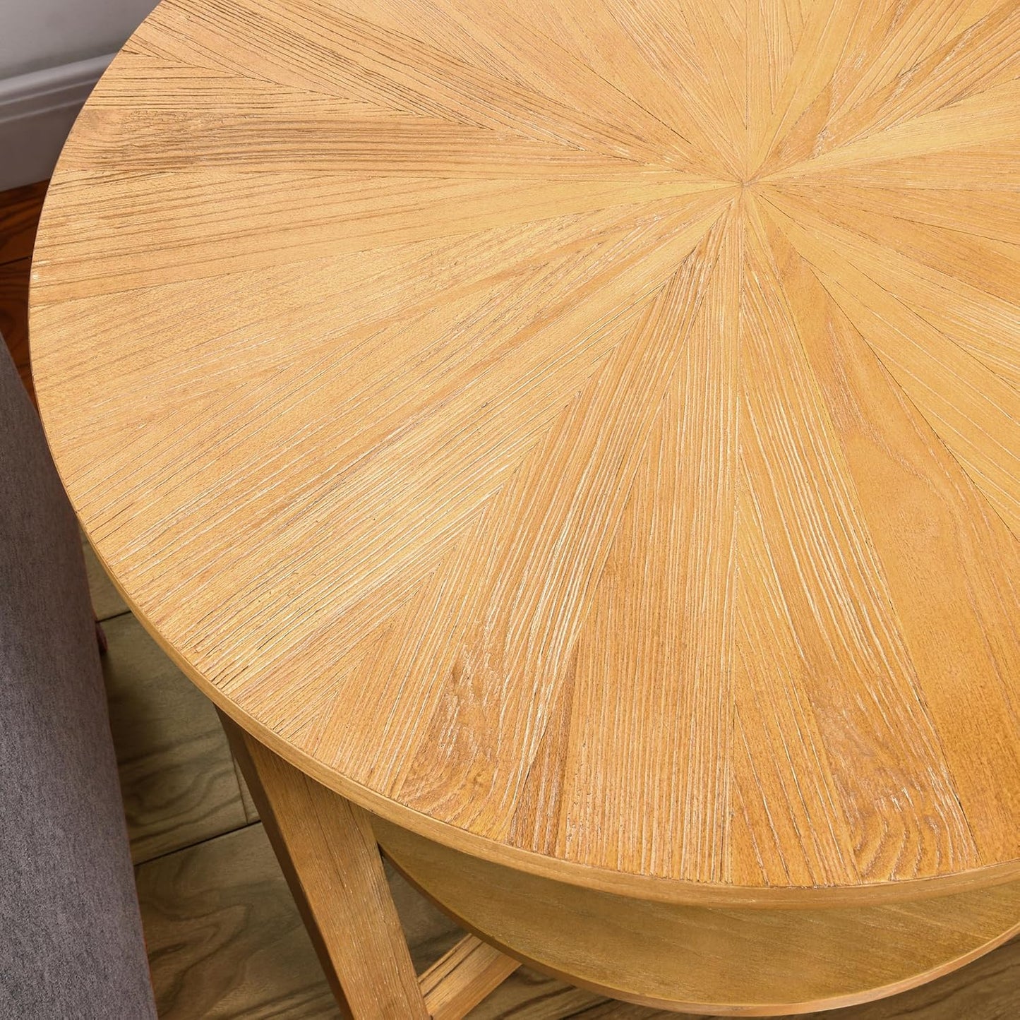 MODERION Large Round End Table, Rustic Beside Table with Umbrella Shaped Top, Traditional Circular Sofa Side Table with Shelf, 25.2”D Nightstand, Telephone Table for Living Room Natural CJZ3338OA