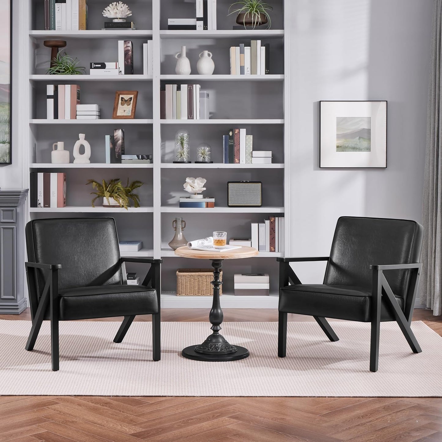 Yaheetech Accent Chair, PU Leather Reading Chair, Mid Century Modern Arm Chair with Solid Wood Frame for Living Room Bedroom Waiting Room, 2 Pieces, Black