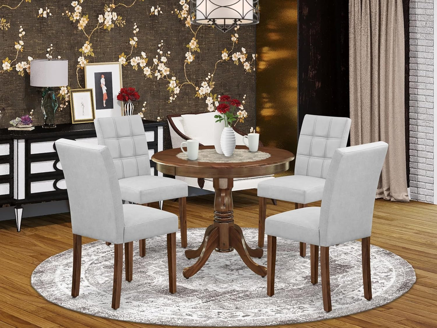 East West Furniture ANAS5-AWA-27 5 Piece Mid Century Dining Set Includes A Dinner Table and 4 Light Gray Polyester Fabric Parsons Chairs, Antique Walnut