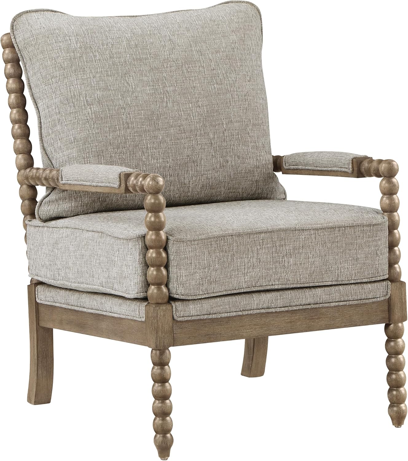 OSP Home Furnishings Fletcher Spindle Accent Chair with Rustic Brown Finish, Fog Beige Upholstery