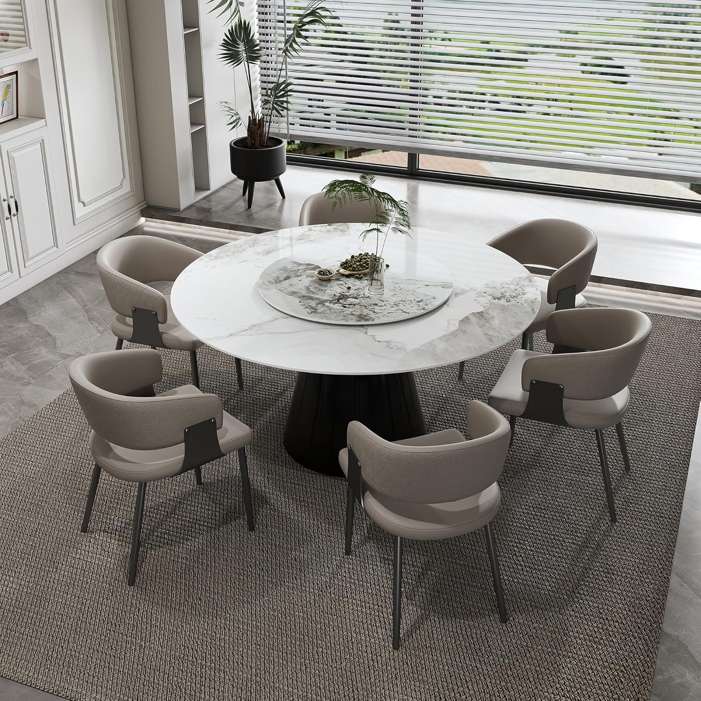 Ball & Cast 7-Piece Dining Set,Faux Marble Table with Detachable Rotating Tray & 6 PU Leather Chairs,Modern Kitchen Dining Room Table Set w/Stainless Steel Base,for Restaurant & Home,Grey