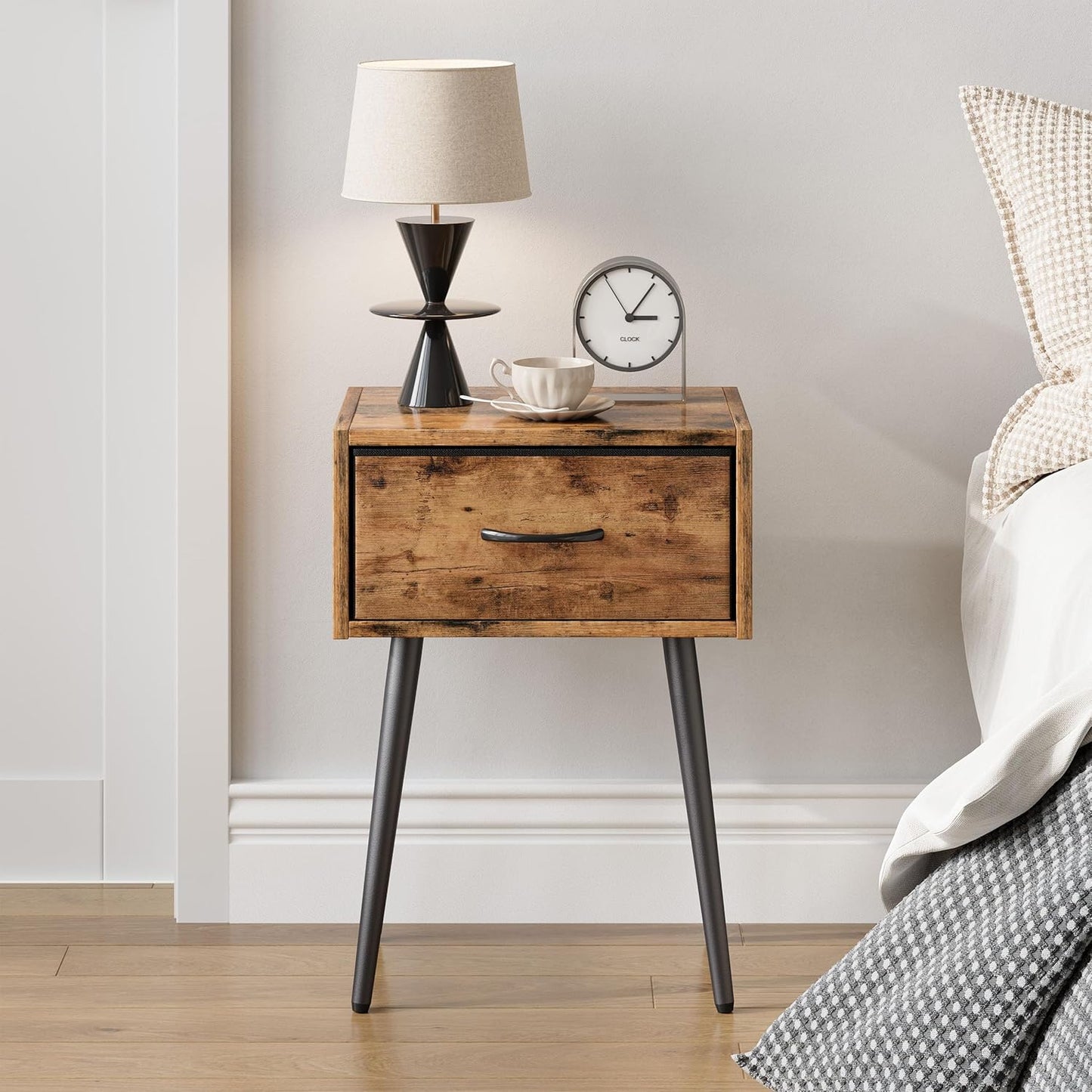 Small Nightstands Set of 2, Bedside Table with Fabric Drawer, Idustrial End Table with Metal Leg, Couch Side Table for Bedroom Living Room, Sofa, Office Rustic Brown LNT504R