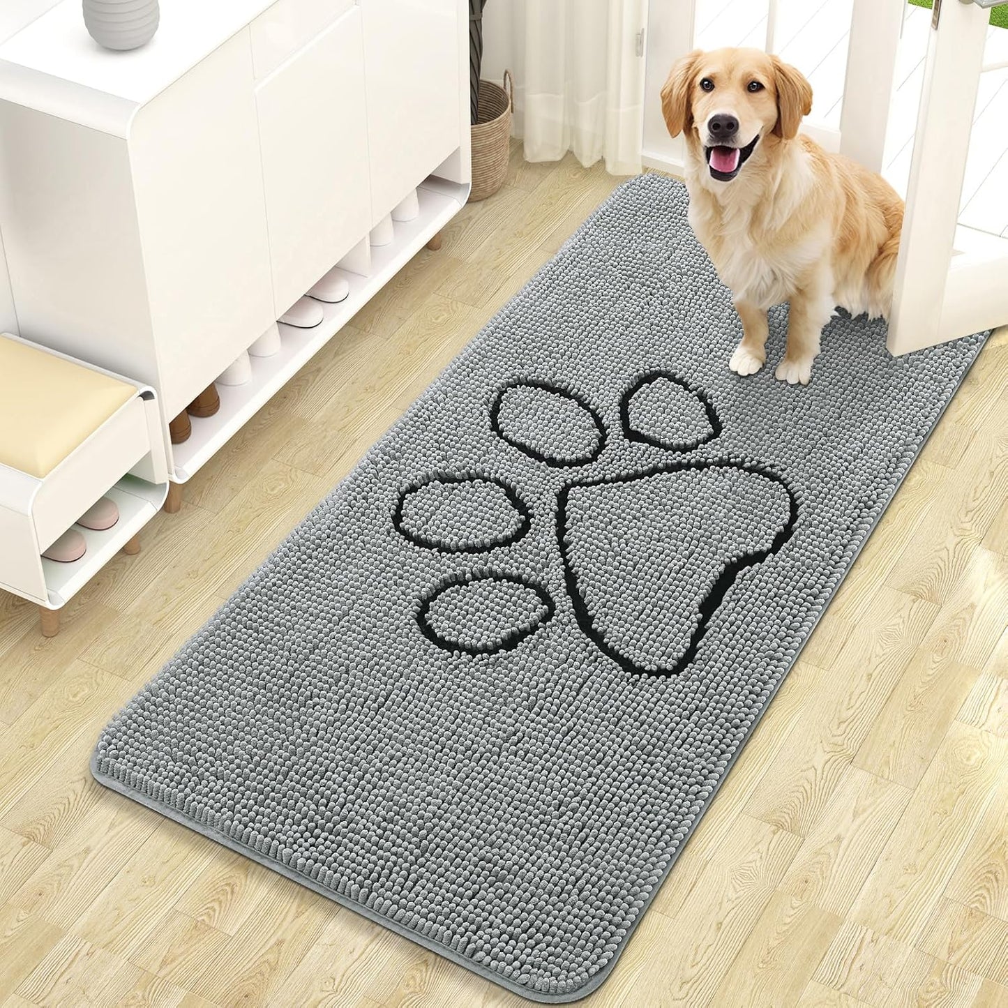 OLANLY Door Mat for Muddy Dog Paws 47x24, Ultra Absorbent Chenille Mud Doormat with Paw Print Design, Non-Slip Washable Doormat for Indoor Entryway, Quick-Dry Pet Bed Mats for Dirty Dogs, Grey