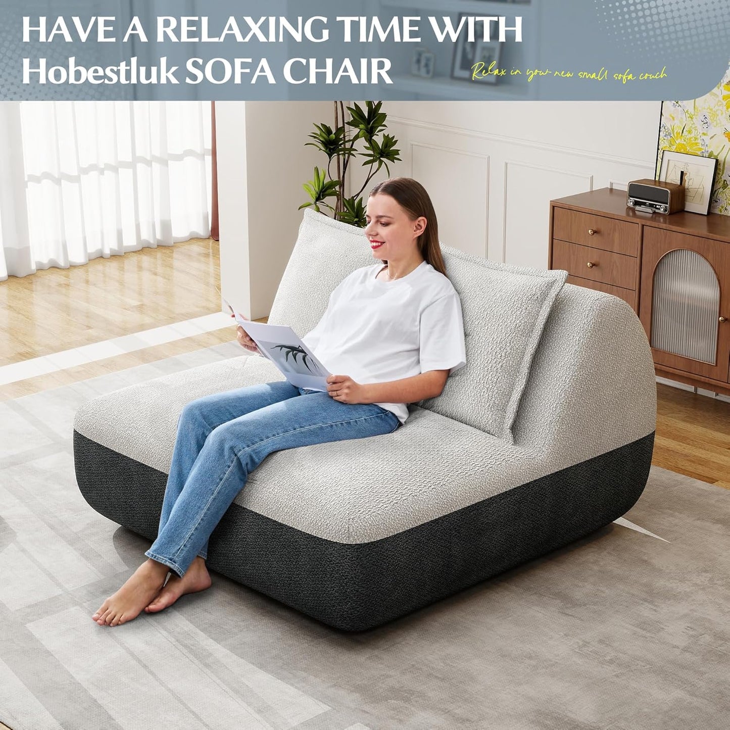 Hobestluk Small Sofa Couch Lounge Sofa Chair for Living Room, Comfy Memory Foam Couch, Mini Sofa with Side Pocket for Living Room, Bedroom (Grey+Beige)