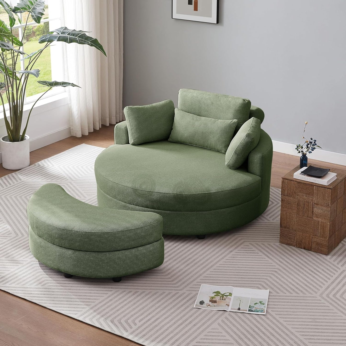 51.2'' Oversized Barrel Armchair with Storage Ottoman，Round Single Reading Upholstered Chairs,Recliner Sofa Chaise with 4 Movable Pillows for Living Room(Green+Linen)