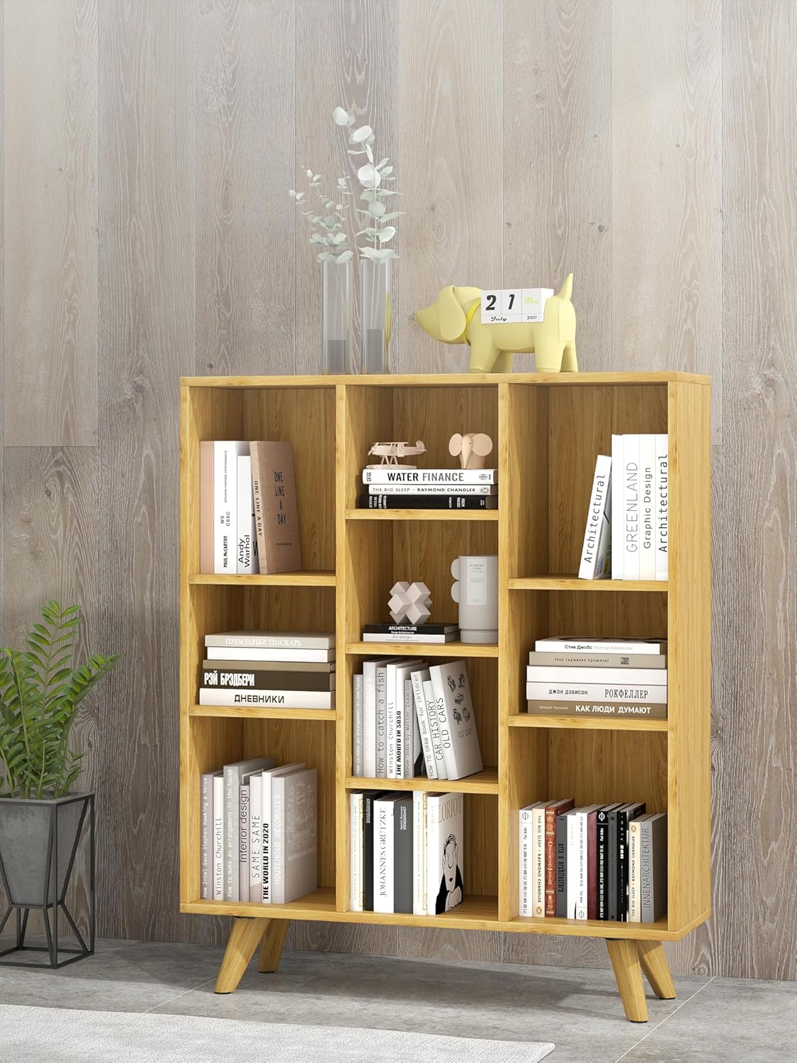 Manora Bookshelf with 10 Open Storage Cubes, Wooden Bookcase Organizer, Rustic Modern Display Shelf for Living Room, Bedroom, Office