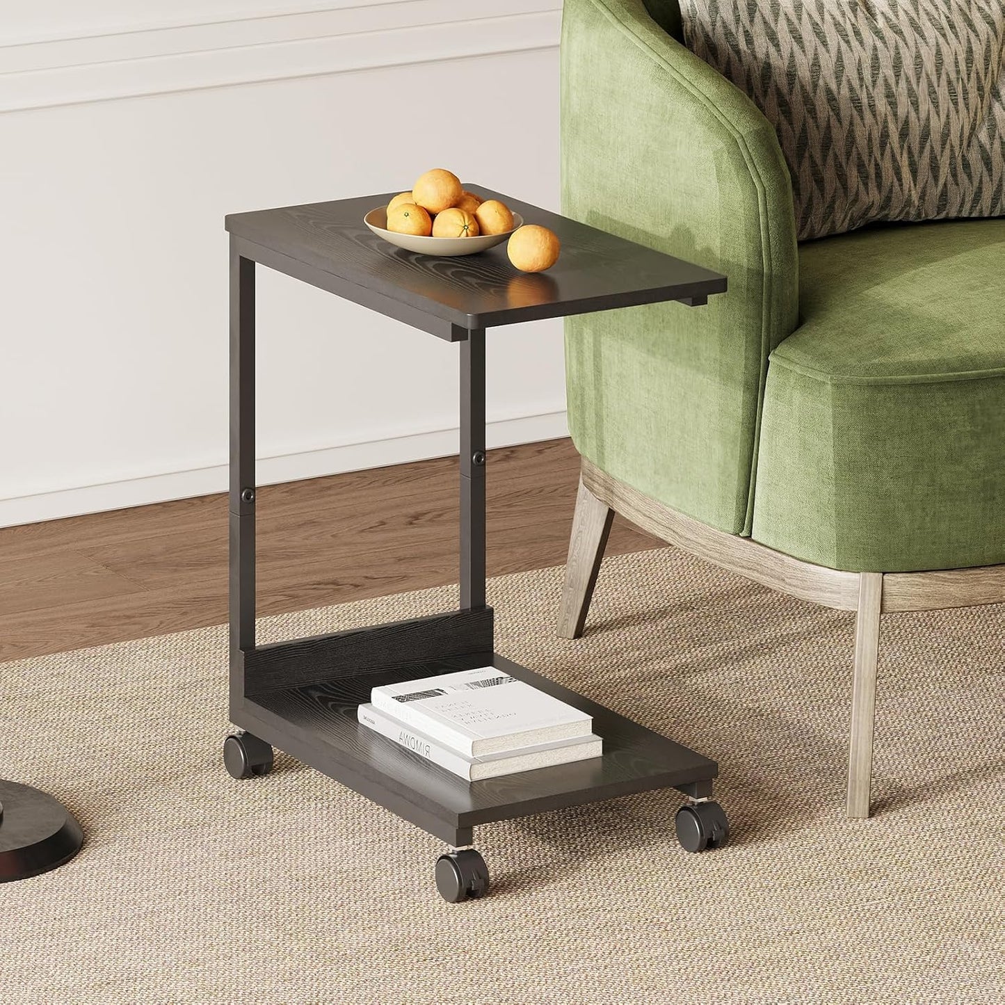 Side Table,C Table with 2-Tier Storage Shelf, End Table with Metal Frame, Sofa Table with Wheels for Living Room, Bedroom, Office, Bathroom, Easy Assembly, Black