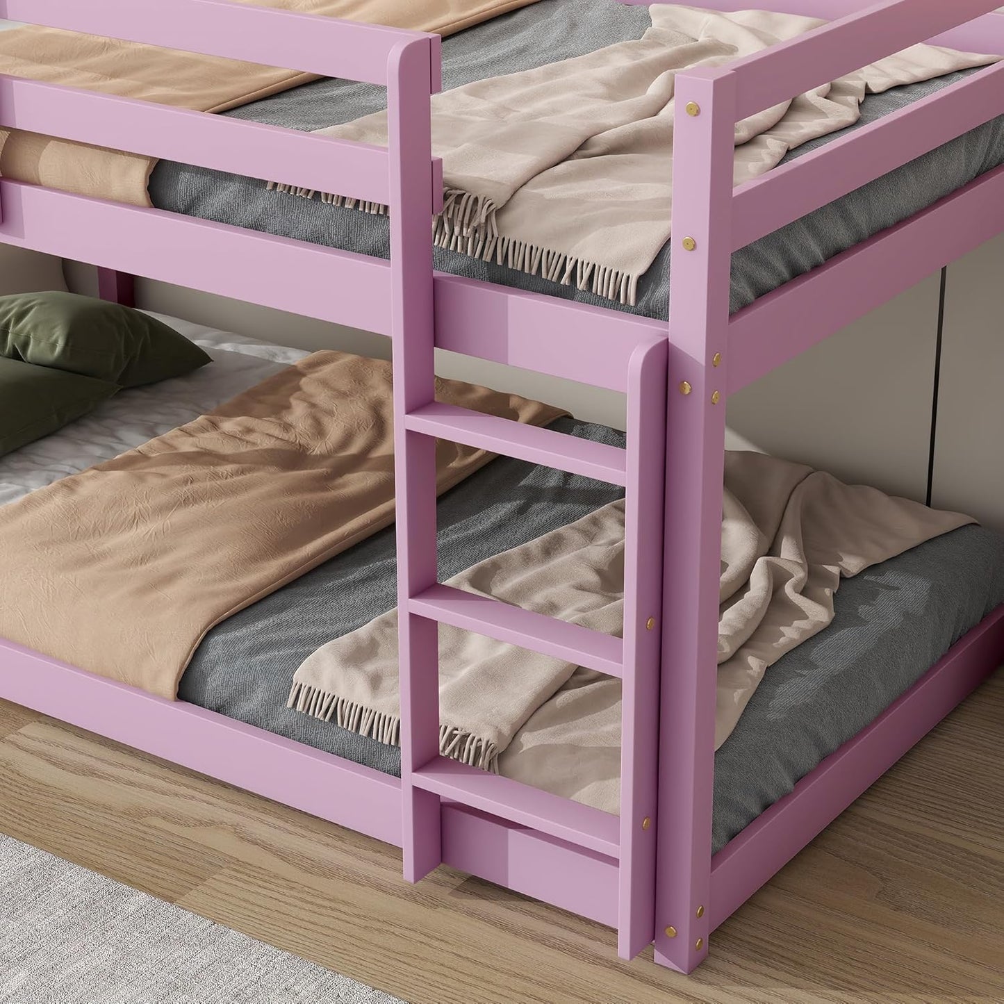 Ball & Cast Bunk Bed Twin Over Twin,Floor Bunk Bed with Ladder,Solid Rubber Wooden Bed Frame w/Full Length Guardrail,for Dormitory, No Box Spring Needed,for Kids Teens,Pink