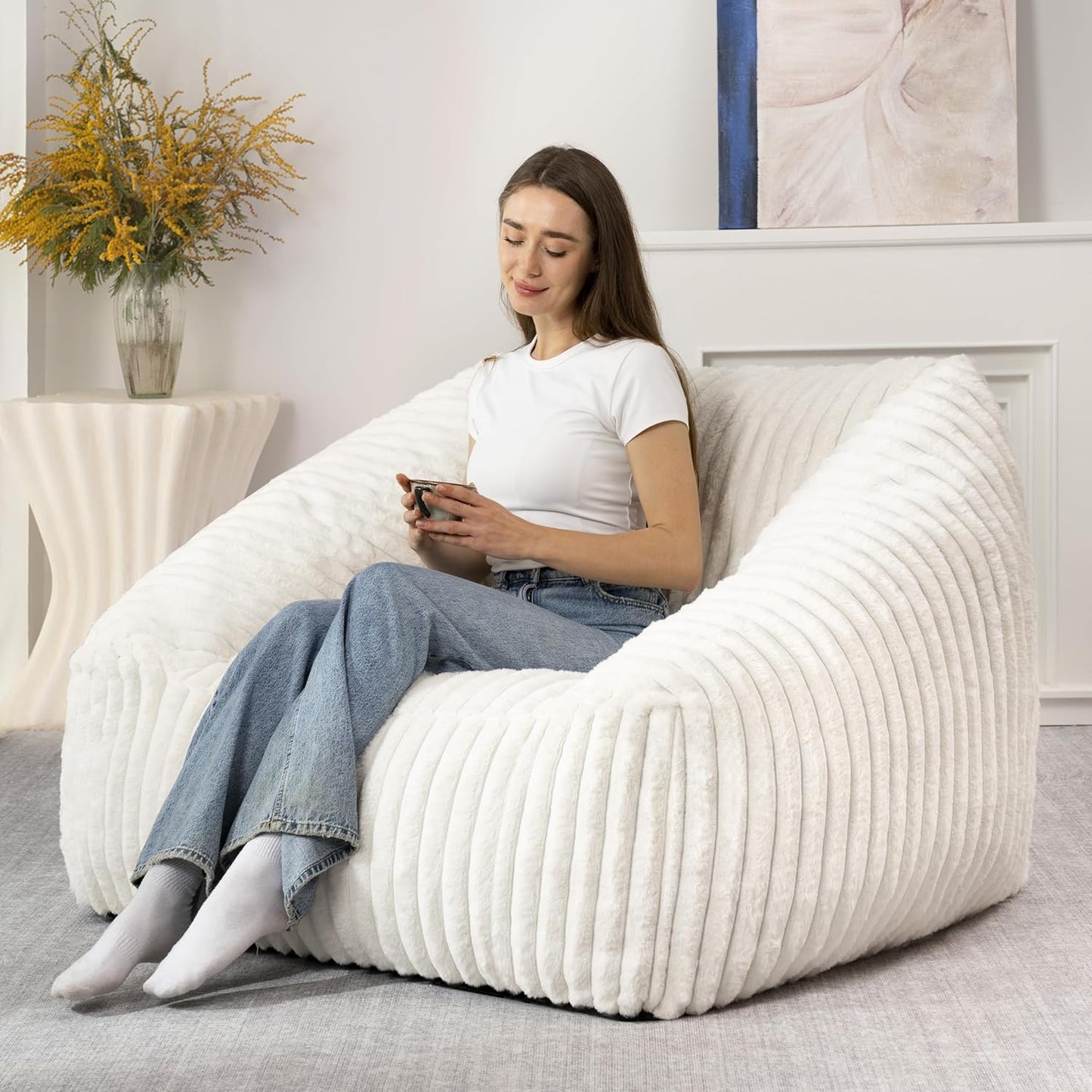 HABUTWAY Bean Bag Chair, Giant Bean Bag Chairs for Adults and Kids, Bean Bag Sofa, Lazy Floor Sofa, Faux Fur Beanbag Chair with Armrests for Living Room Bedroom (Beige)