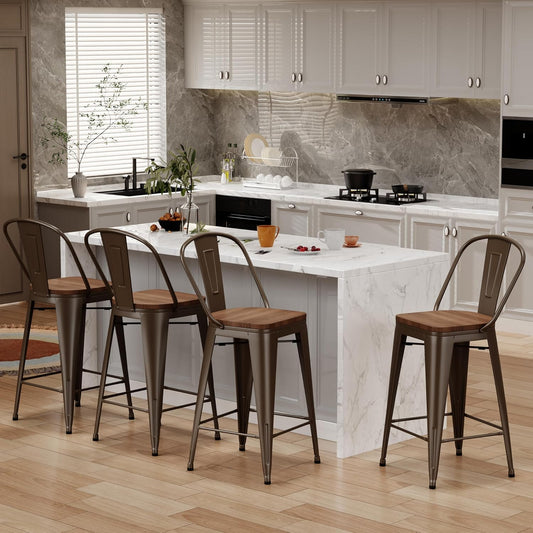 Changjie Furniture 24 Inches Metal Barstools Set of 4 Counter Height Bar Stools Industrial Stools with Backs High Back Chairs for Kitchen Island (24 Inch, Rusty)