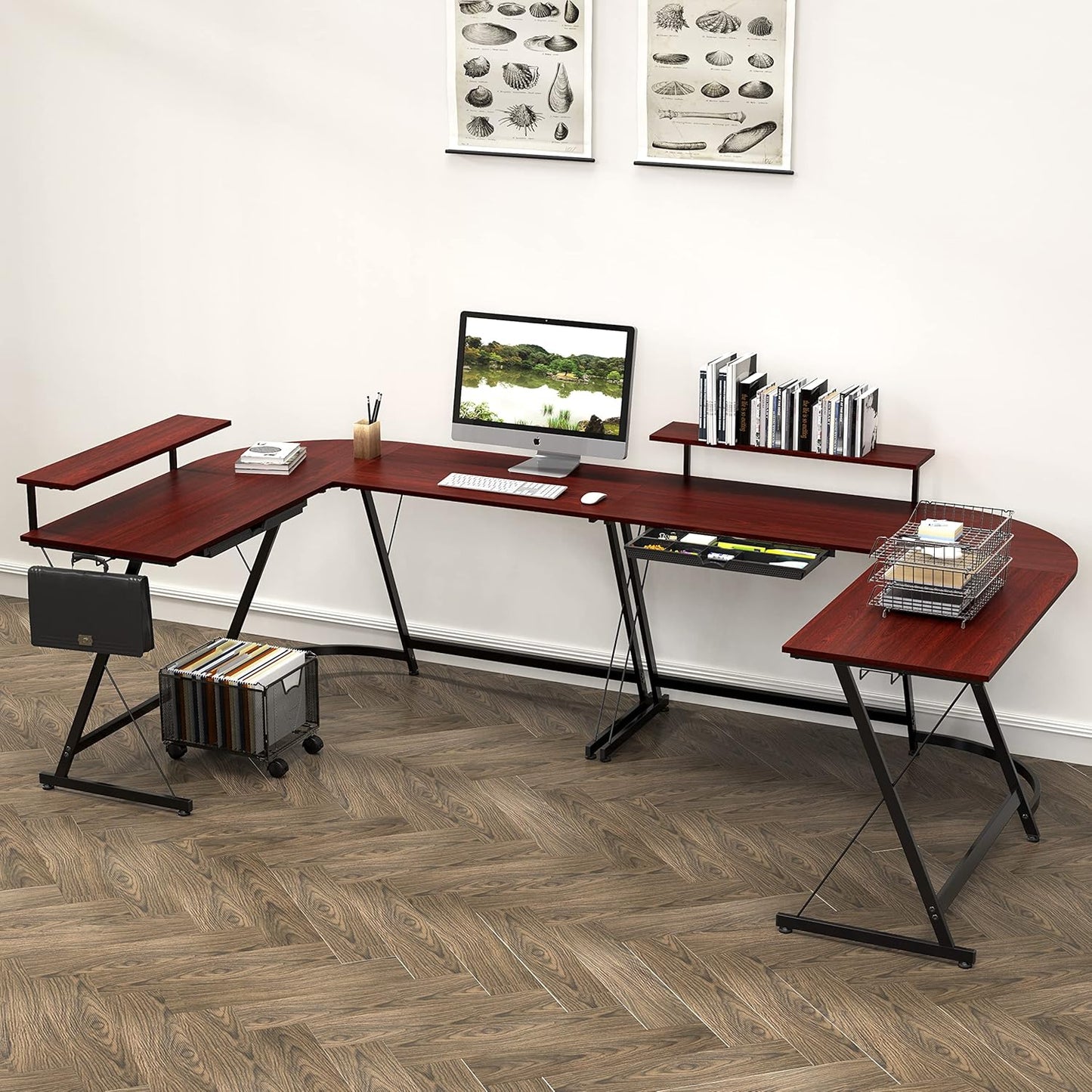 SHW 51 x 51 Inches Vista L-Shaped Desk with Monitor Stand and Drawer, Cherry