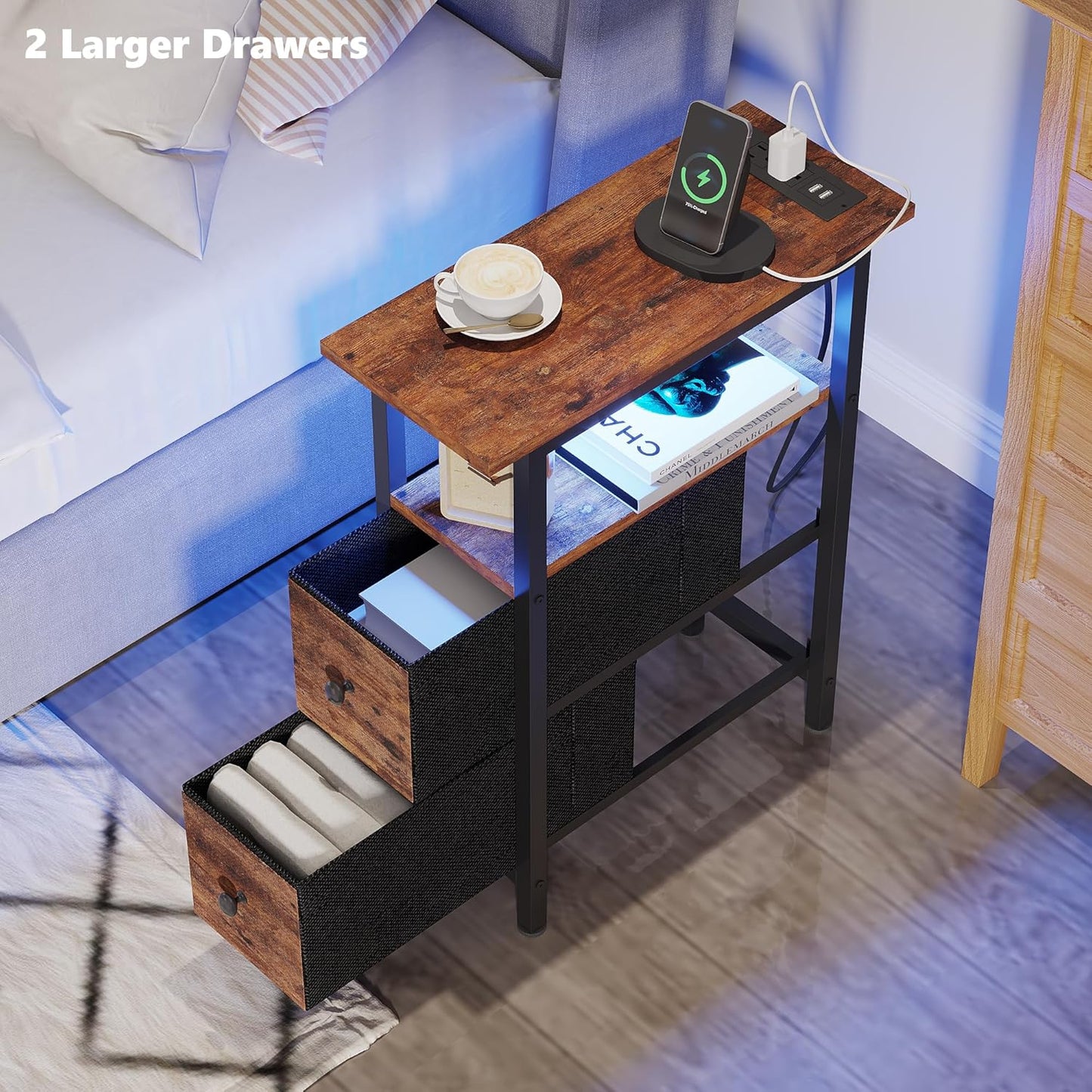 End Table with Charging Station, Narrow Side Table with 2 Fabric Drawers, Skinny Nightstand with LED Light, Slim Bedside Table for Bedroom, Living Room, Small Spaces, Rustic Brown