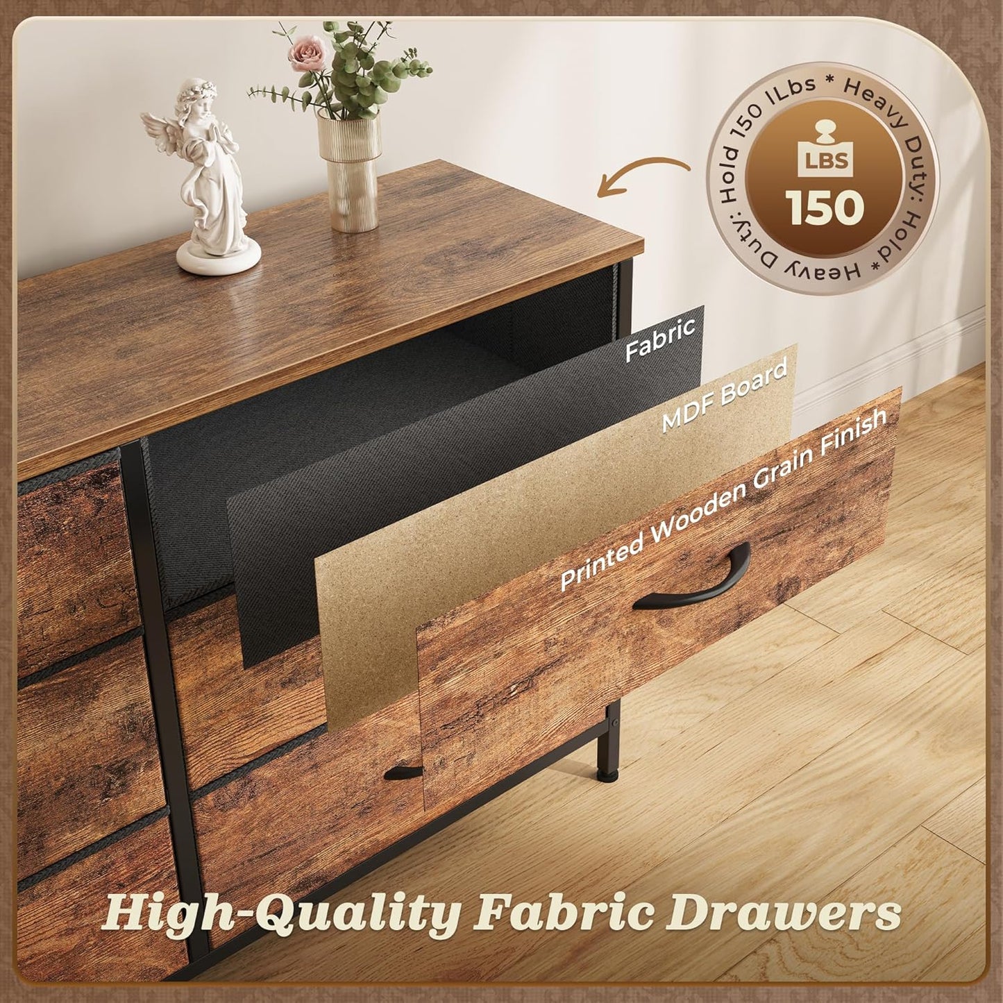 Huuger 70 Inch Dresser for Bedroom, TV Stand for 65, 75, 80 Inch TV, 13 Fabric Drawer Long Dresser, Large Entertainment Center for Bedroom, Wide Chest of Drawer with Storage, Rustic Brown