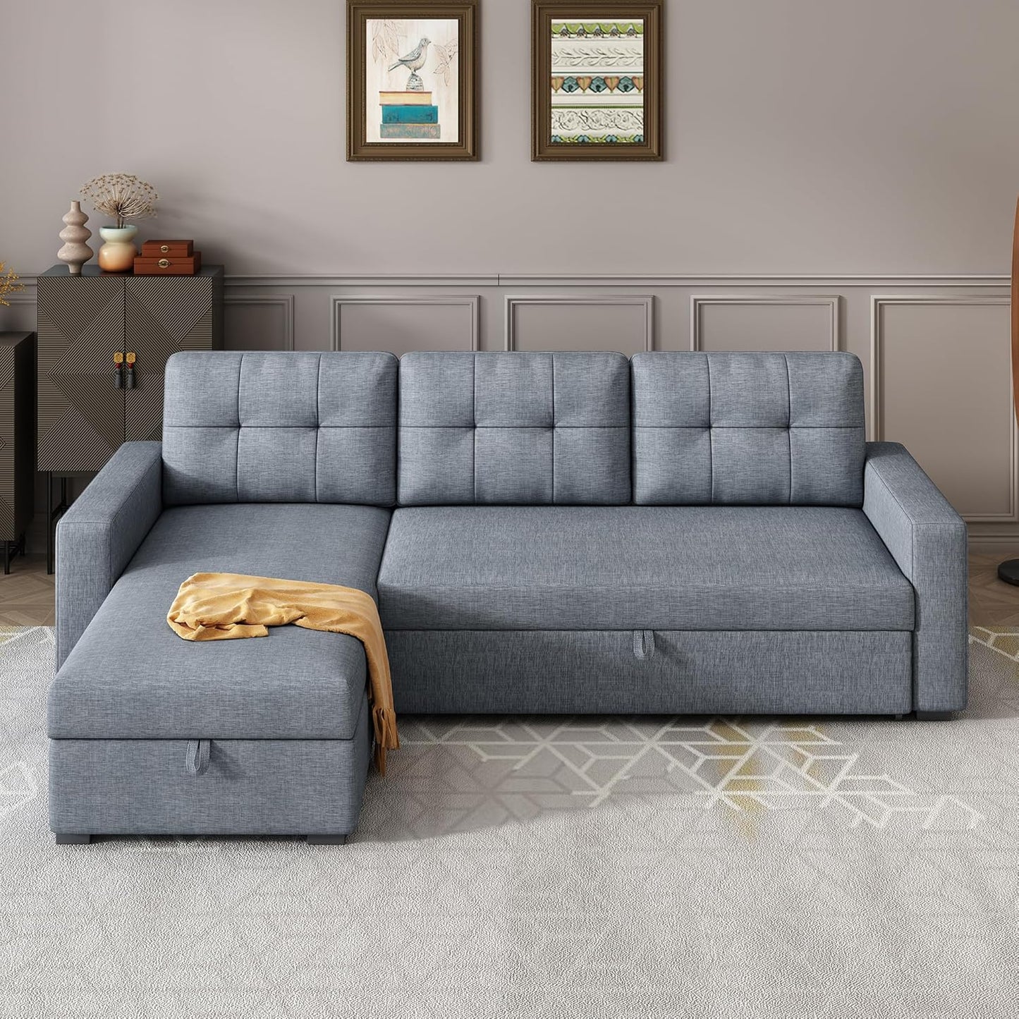 Ball & Cast L-Shape Reversible Sectional Sleeper Sofa Bed,Linen Upholstered 4 in 1 Pull Out Couch with Storage Chaise & Removable Back Cushions,Convertible Corner Sectionals for Living Room,Office