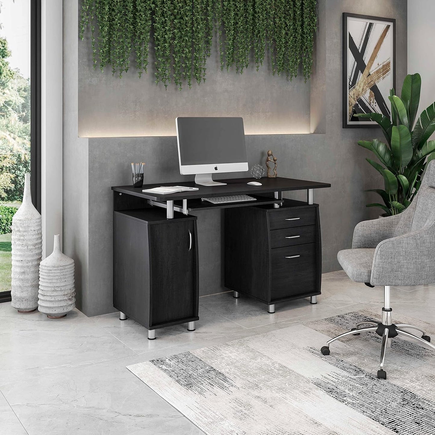 Techni Mobili 47.25" Ergonomic Computer Drawers & File Cabinet for Home Office Storage, Espresso Writing Desk