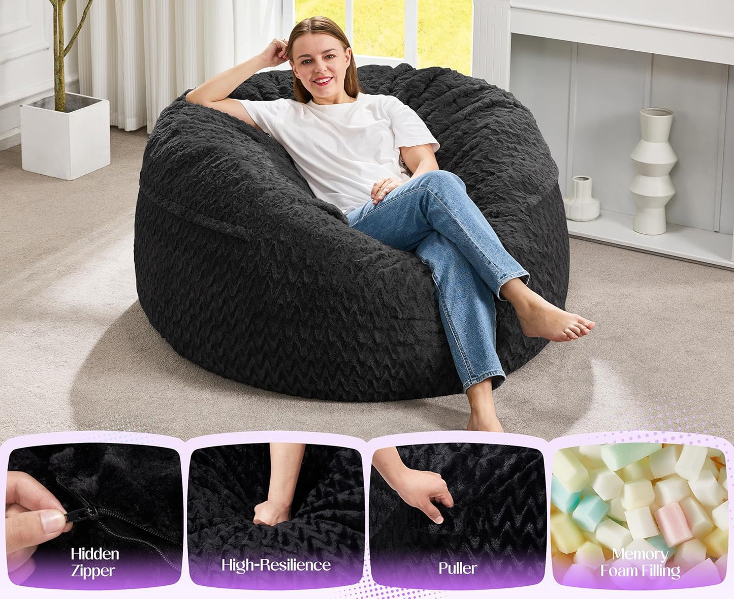 Hobestluk Bean Bag Chair Convertible Beanbag Chairs for Adults, 3 in 1 Bean Bags with Plush Chevron Cover, Adult Bean Bag Chair for Living Room, Bedroom (Black, Full)