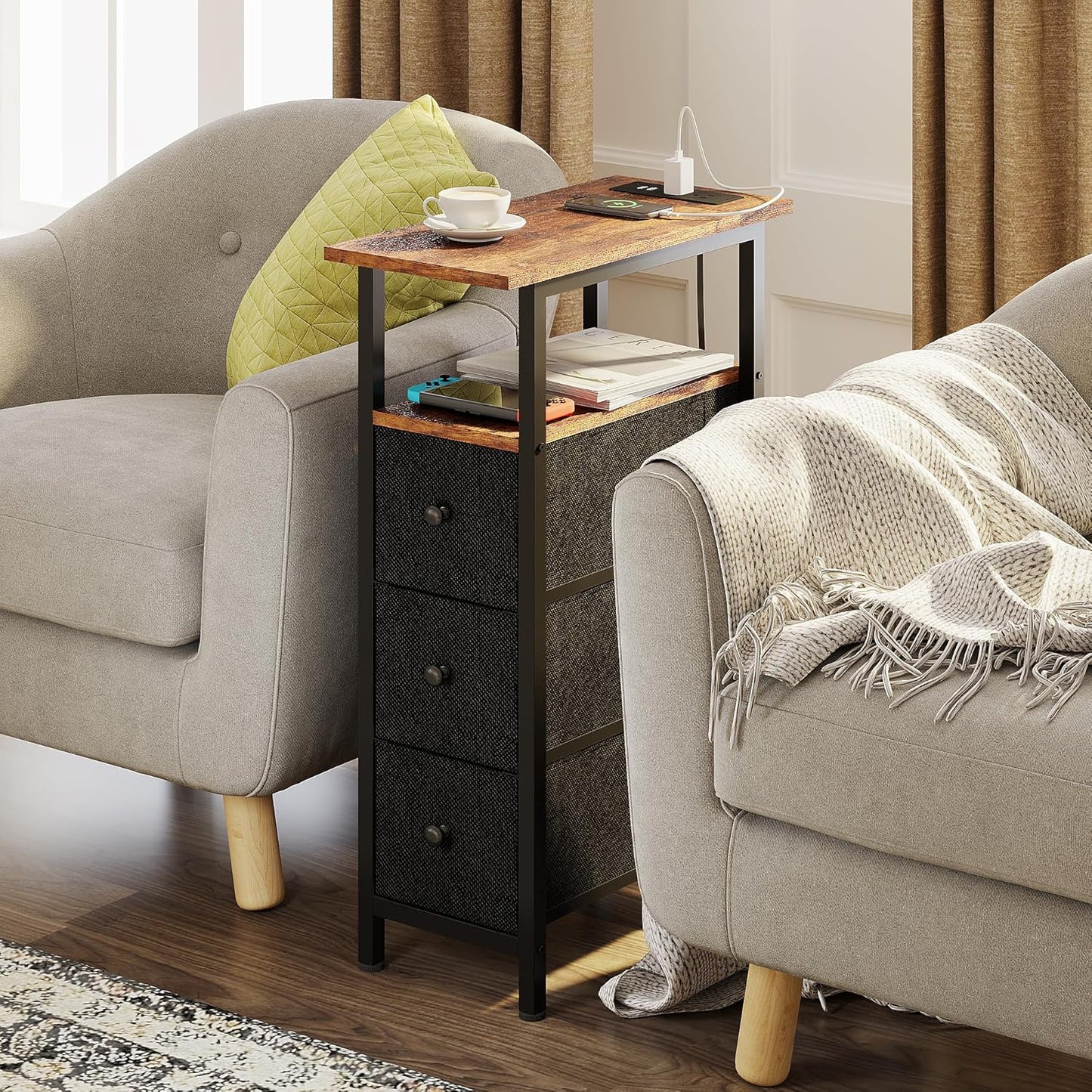 End Table with Charging Station, Narrow Side Table with 3 Fabric Drawers, Skinny Nightstand with LED Light, Slim Bedside Table for Bedroom, Living Room, Small Spaces, Rustic Brown and Black