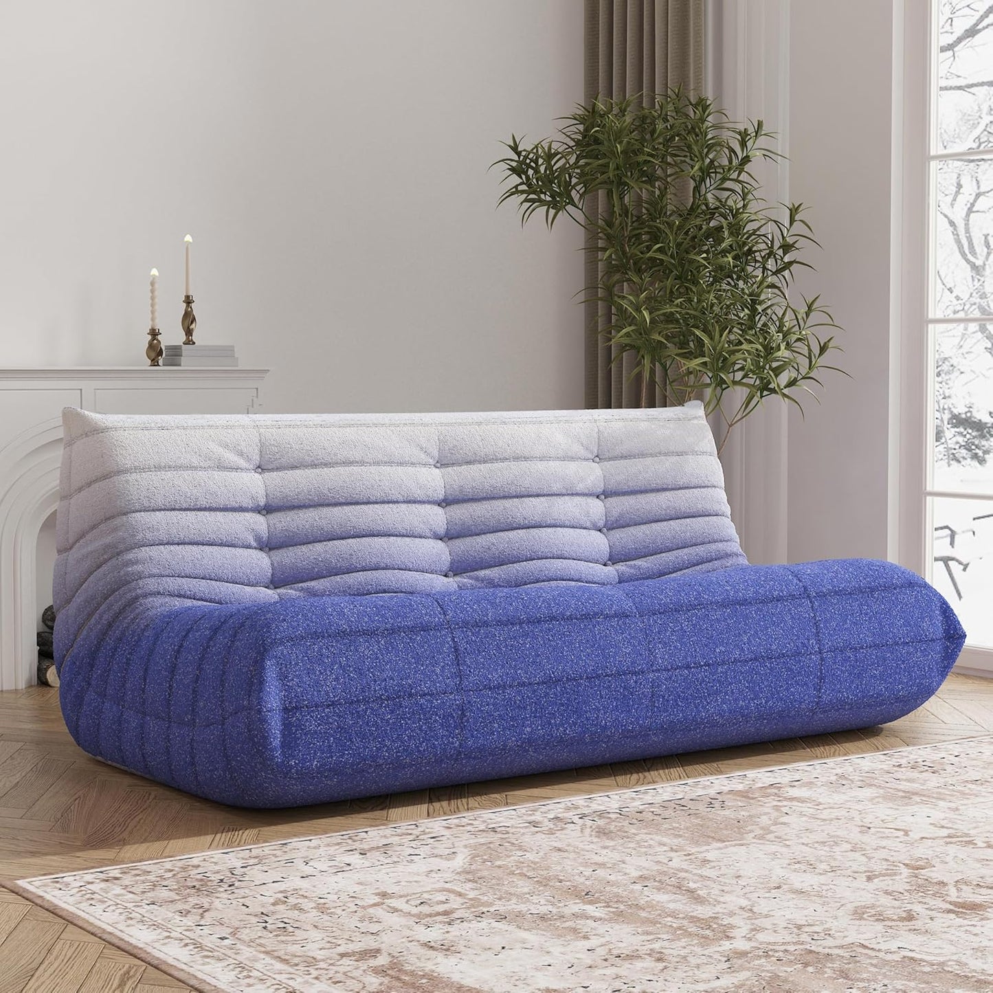 Big Bean Bag Chairs for Adults, 3 Seater Large Bean Bag Sofa, Fireside Chair Lazy Sofa Chair with High Density Comfortable Foam, Modern Bean Bag for Living Room, Bedroom, Office (Blue&White)