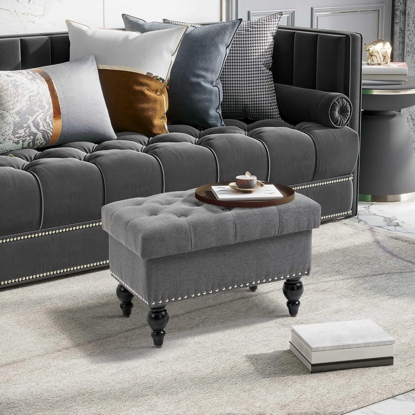 HOMCOM Ottoman with Storage for Living Room, 25" Storage Ottoman with Removable Lid, Button-Tufted Fabric Bench for Footrest and Seat with Wood Legs, Gray