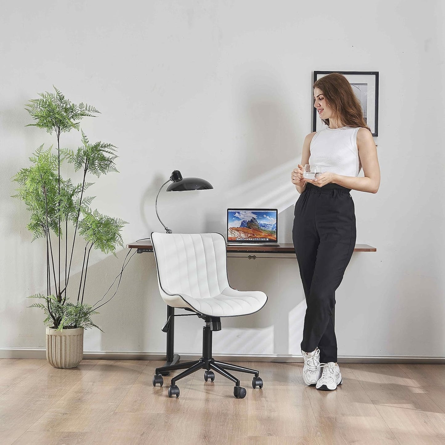 YOUNIKE Ergonomic Home Office Desk Chair with Wheels White Comfy Armless Vanity Chair with Back Modern Faux Leather Upholstered Task Chair Small Cute Rolling Drafting Chair No Arms Adjustable Swivel