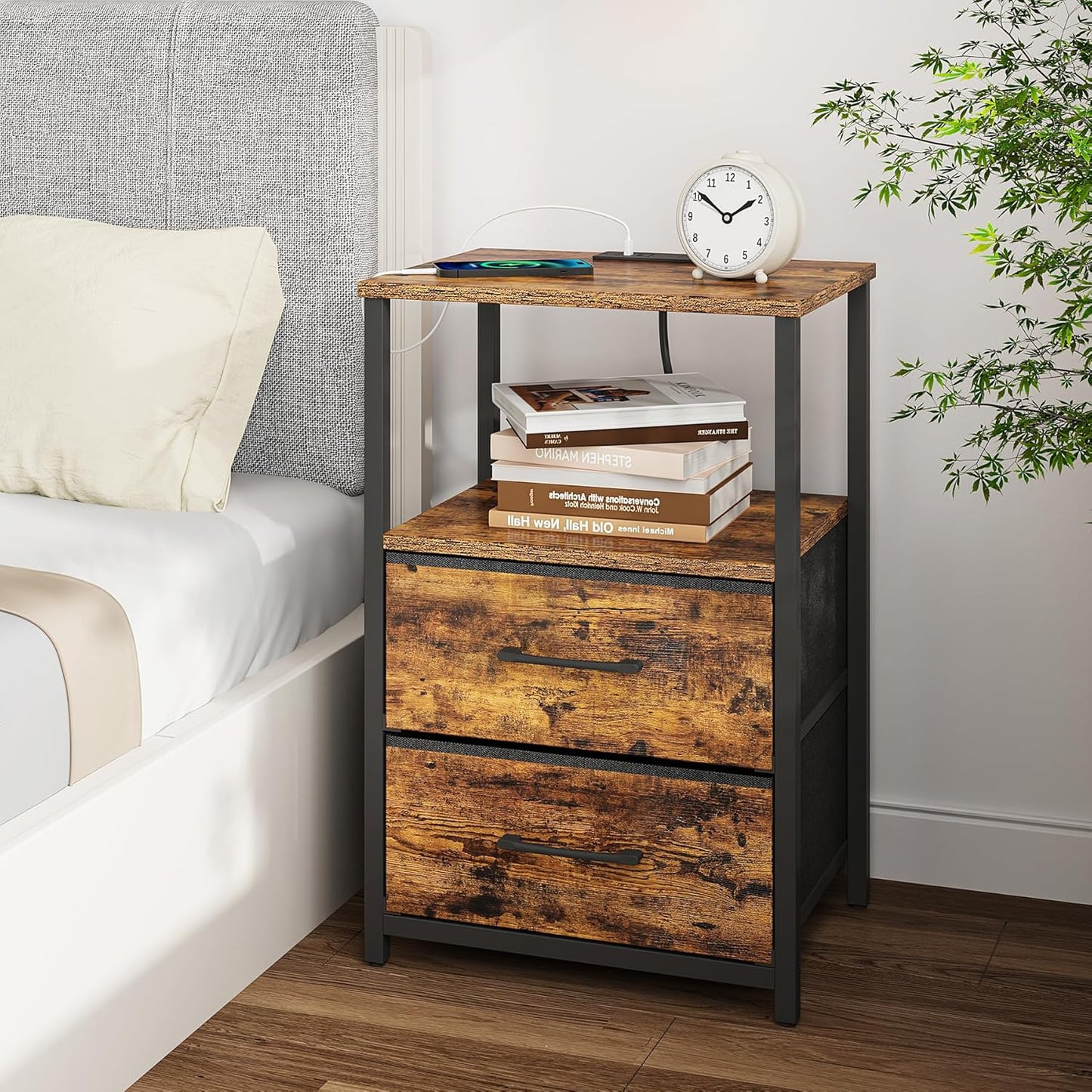 TUTOTAK End Table with Charging Station, Night Stand, Side Table with 2 USB Ports and Outlets, Nightstand with Cloth Drawer, Bedside Table for Livingroom, Bedroom Brown TB01BB088