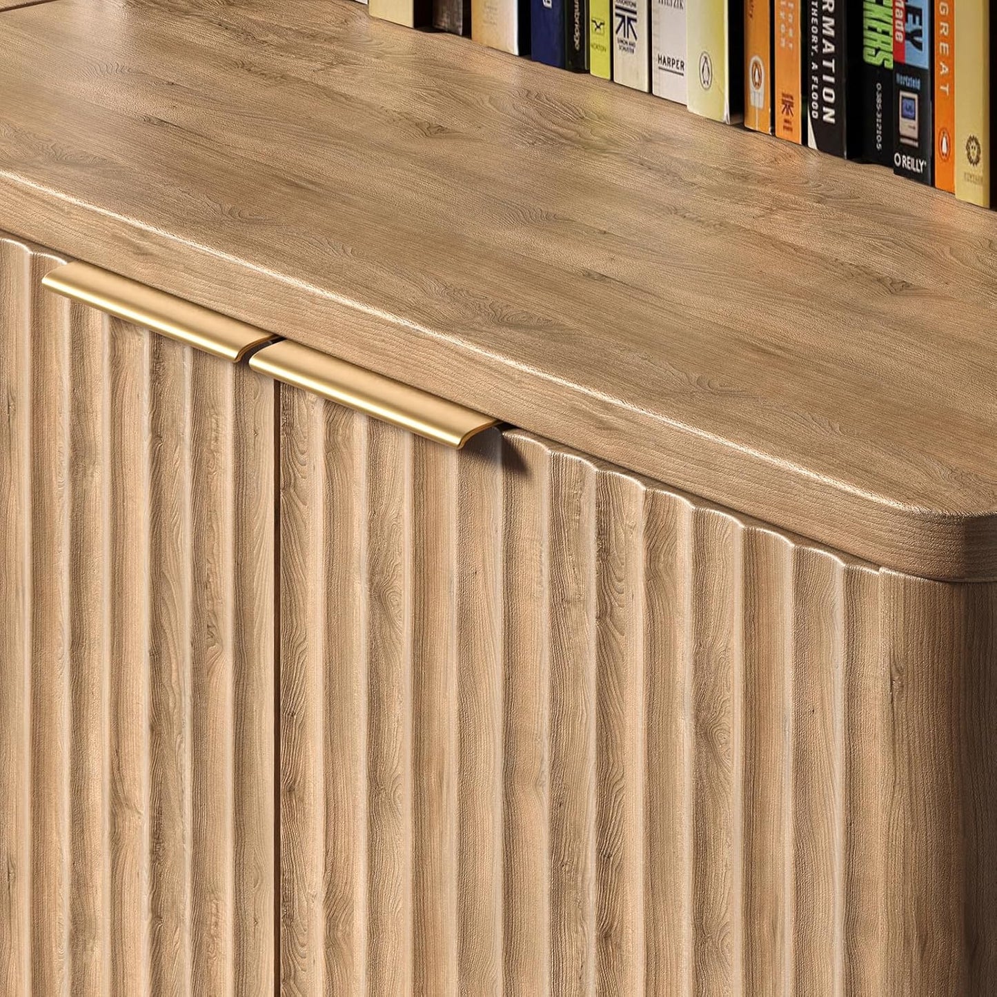 71" Oak Bookcase with Doors, 5-Tier Fluted Tall Bookshelf with Storage, Librero with Cabinet for Home Office, Living Room,or Bedroom