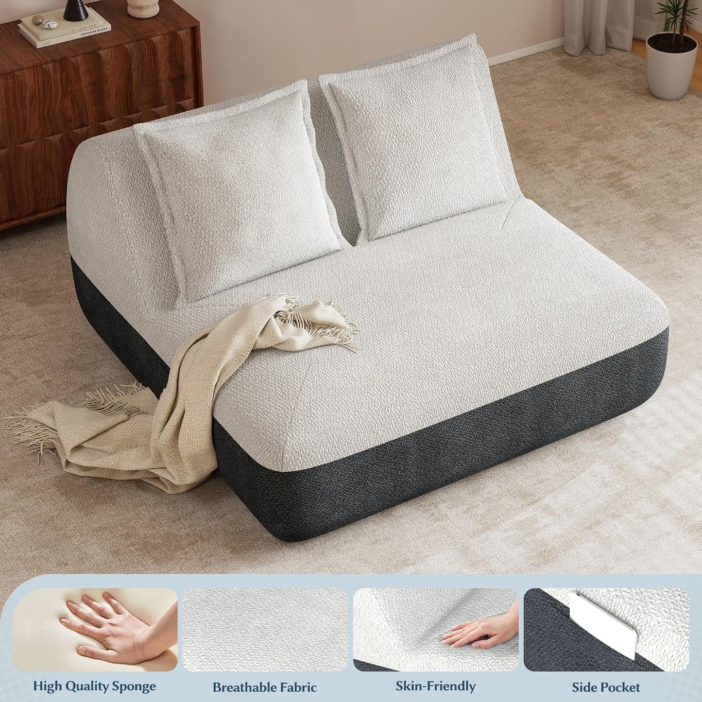 Hobestluk Small Sofa Couch Lounge Sofa Chair for Living Room, Comfy Memory Foam Couch, Mini Sofa with Side Pocket for Living Room, Bedroom (Grey+Beige)