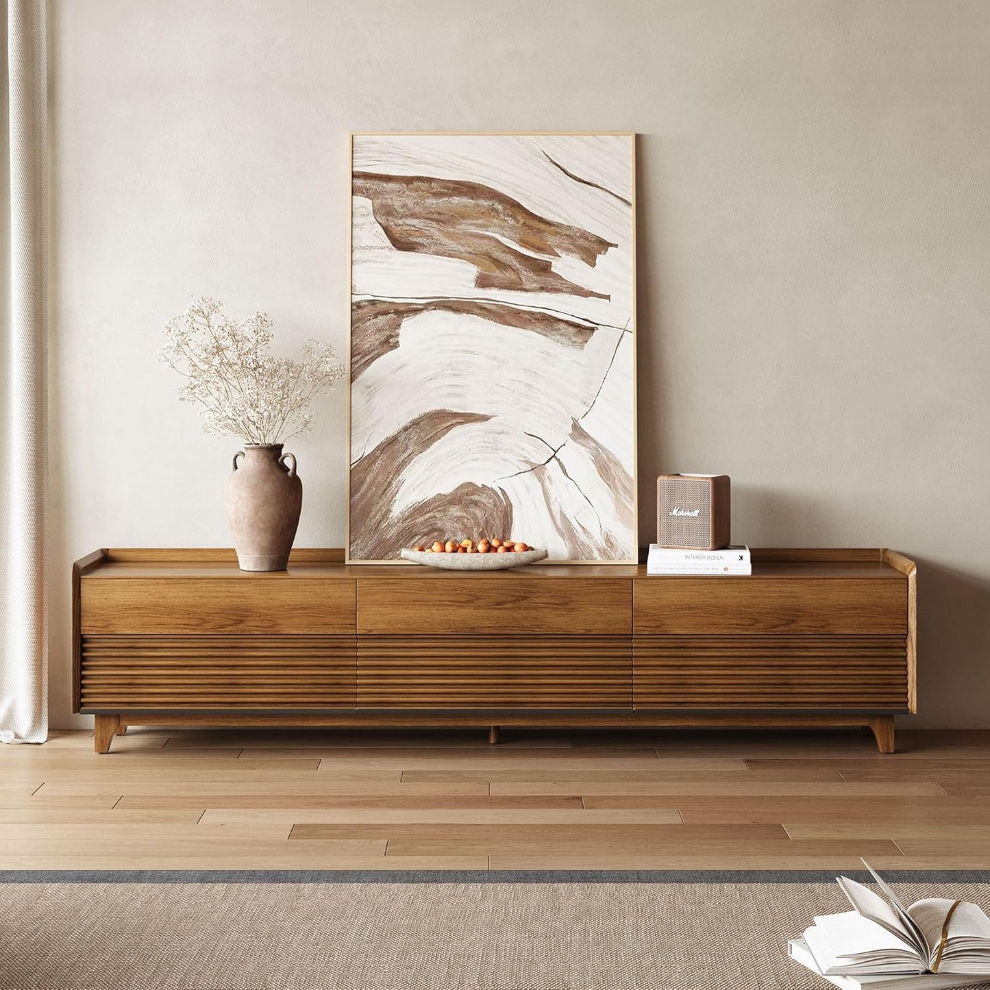 POVISON Fully-Assembled Mid Century Modern TV Stand with Legs, Wood Media Console with Adjustable LED Light for 85-inch TVs, Entertainment Center with Storage for Living Room