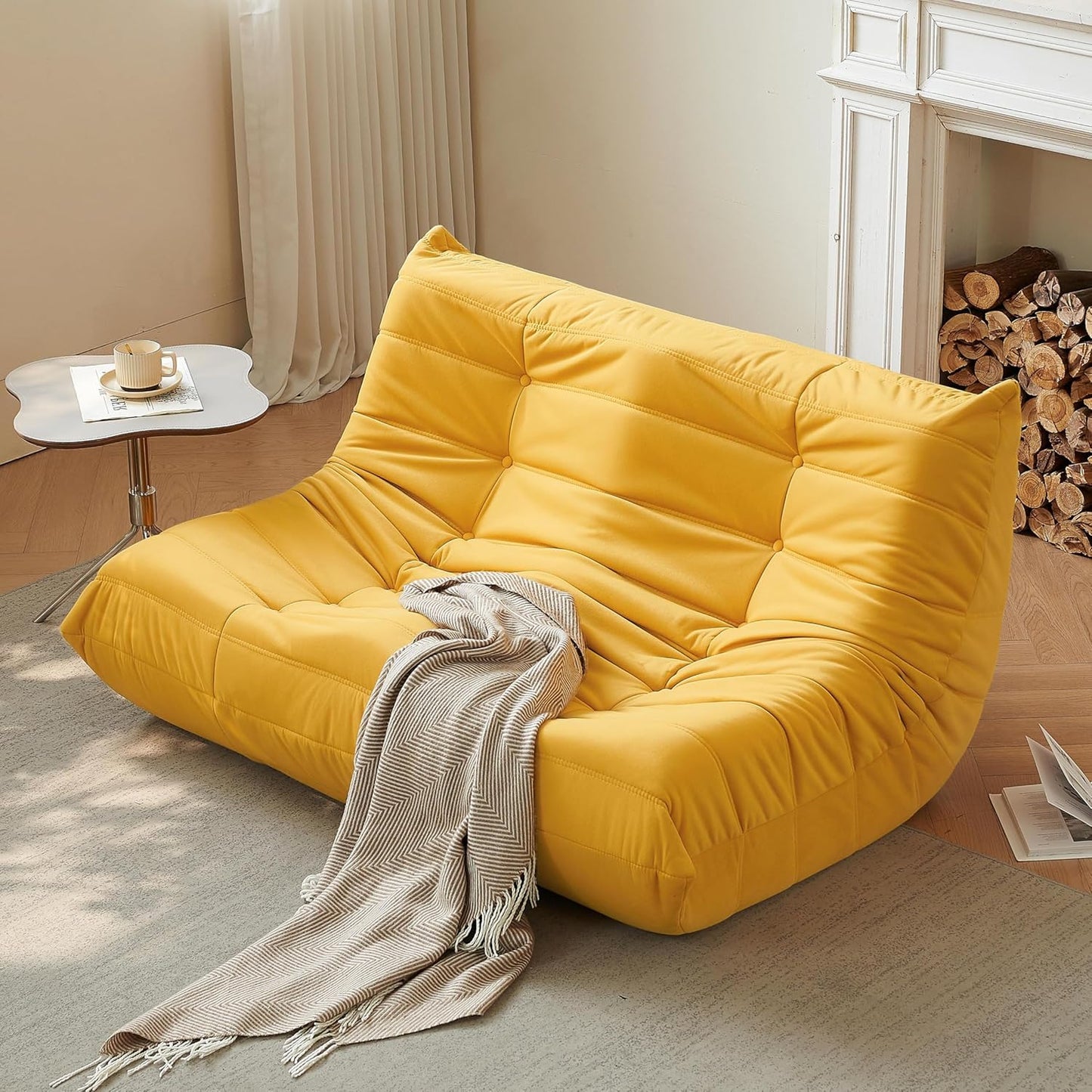 Bean Bag Chair, Loveseat Fireside Chair Bean Bag Sofa for Adults, 2 Seater Bean Bag Chairs for Teens with High-Resilience Foam, Memory Foam Bean Bag for Living Room, Bedroom, Office (Suede, Yellow)