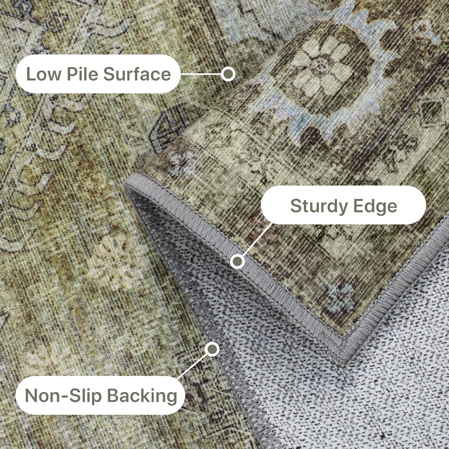 GENIMO Runner Rug 2x12 Non Slip Machine Washable Vintage Hallway Runner Rugs, Low Pile Lightweight Mat for Living Room, Entryway, Bedroom, Kitchen and Corridor, Distressed Sage