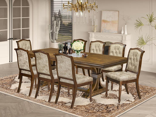 LEMA9-AWA-36 9 Pieces Kitchen Table Set Includes a Rectangular Dining Table and 8 Light Beige Polyester Fabric Dining Chairs, Antique Walnut Finish