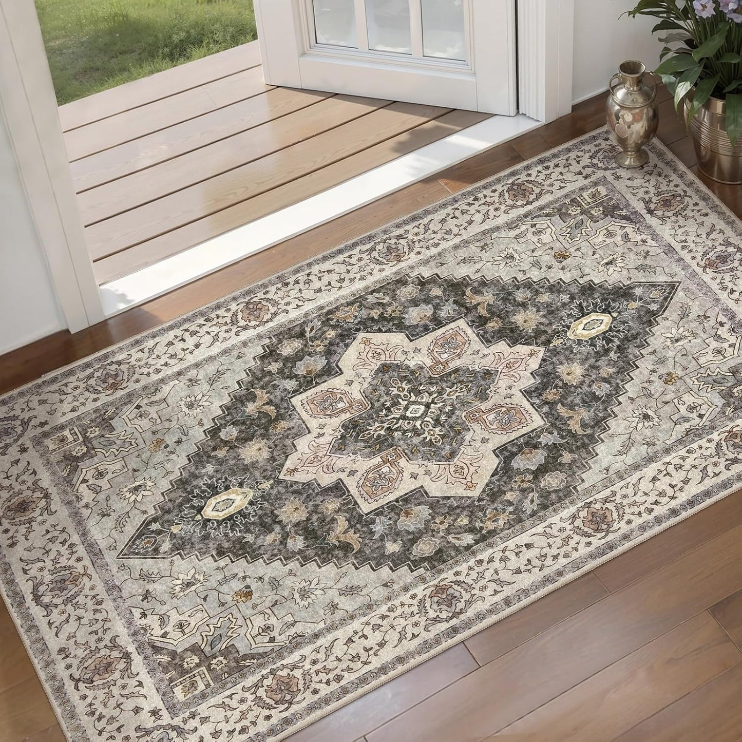 Kitchen Rugs 2x4 Washable Rug for Entryway Vintage Non Slip Small Rugs Front Door Mat Indoor Entrance, Print Distressed Throw Rug Grey Brown Soft Low Pile Rugs Small Carpet for Entry Bedroom Bathroom