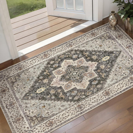 Kitchen Rugs 2x4 Washable Rug for Entryway Vintage Non Slip Small Rugs Front Door Mat Indoor Entrance, Print Distressed Throw Rug Grey Brown Soft Low Pile Rugs Small Carpet for Entry Bedroom Bathroom