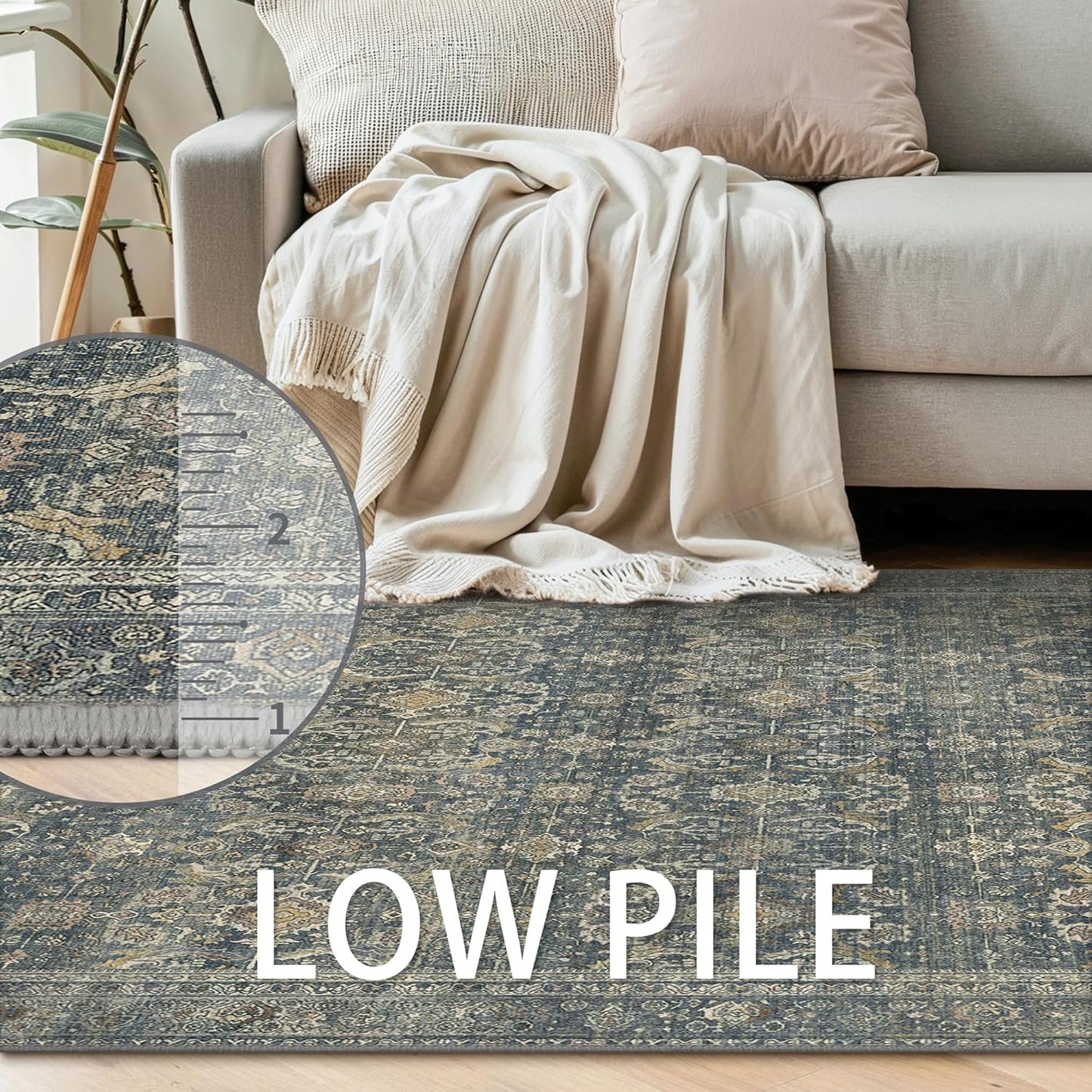 2X10 Area Rugs Machine Washable Rugs for Living Room, Vintage Boho Large Rugs for Bedroom Dining Room, Non Slip Indoor Soft Distressed Lightweight Thin Low Pile Carpet, Deep