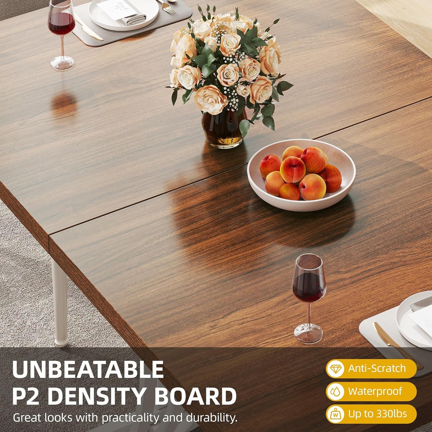 DWVO Modern Dining Table for 4 People 47 Inch Rectangular Kitchen Table with Walnut Tabletop and White Geometric Legs Small Dinner Table Kitchen & Dining Room Furniture Brown