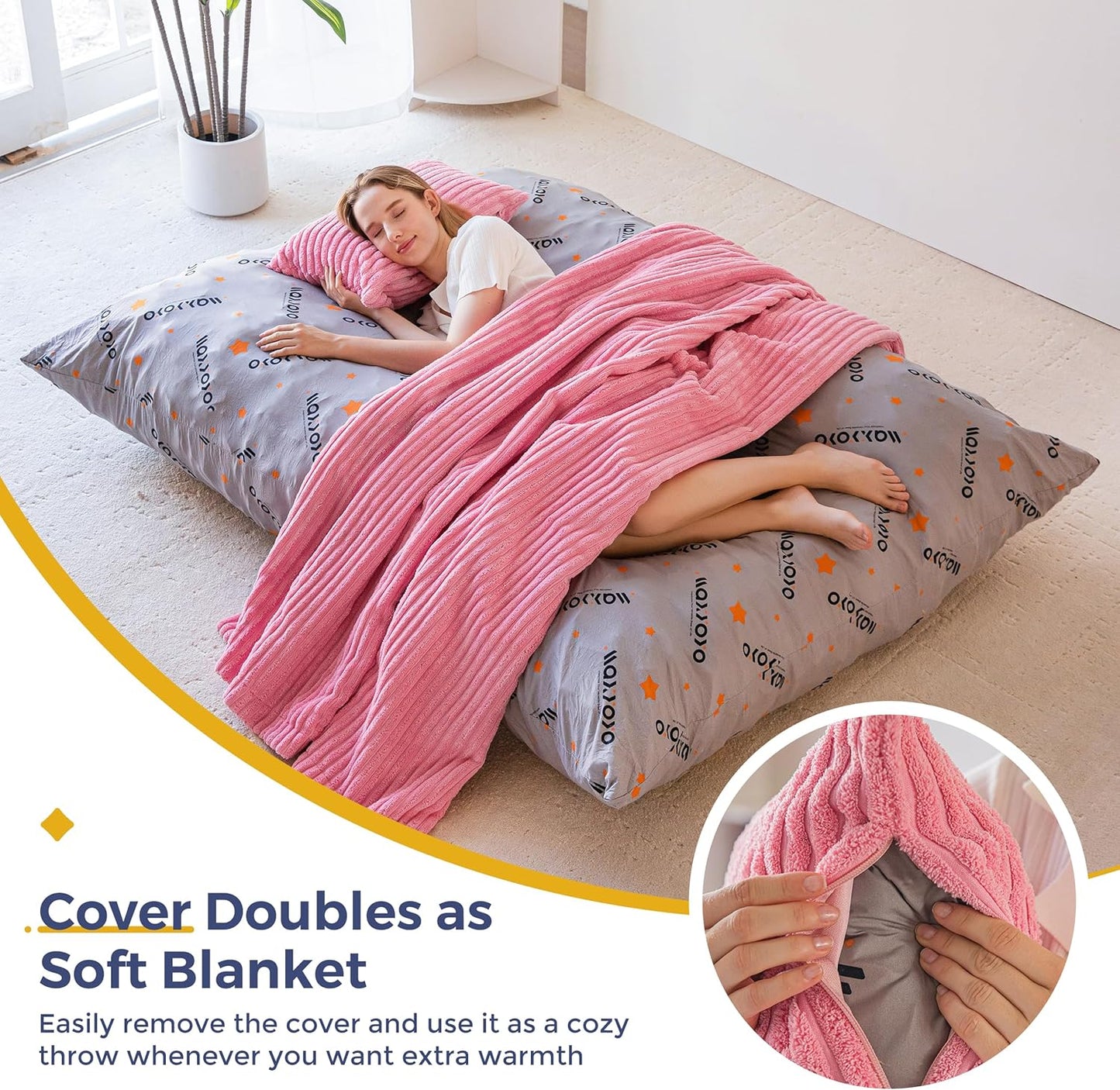 MAXYOYO Giant Bean Bag Chair with Pillow, 3 in 1 Convertible Bean Bag Chair for Adults with Washable Cover, Removable Floor Cushion Stuffed Floor Lounger for Living Room Bedroom, Pink, Queen