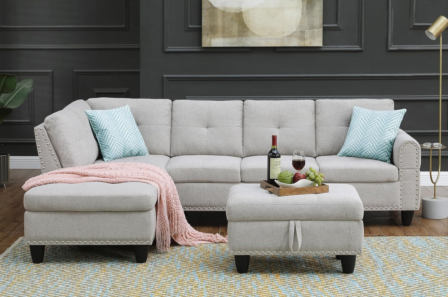 Ball & Cast 98" L Shaped Sectional Couch for Living Room with Chaise & Storage Ottoman,4 Seat Linen Upholstered Modular Sectional Sofa Set 3 PCS W/Cup Holder & Nailhead Trim,for Home,Office,Light Gray