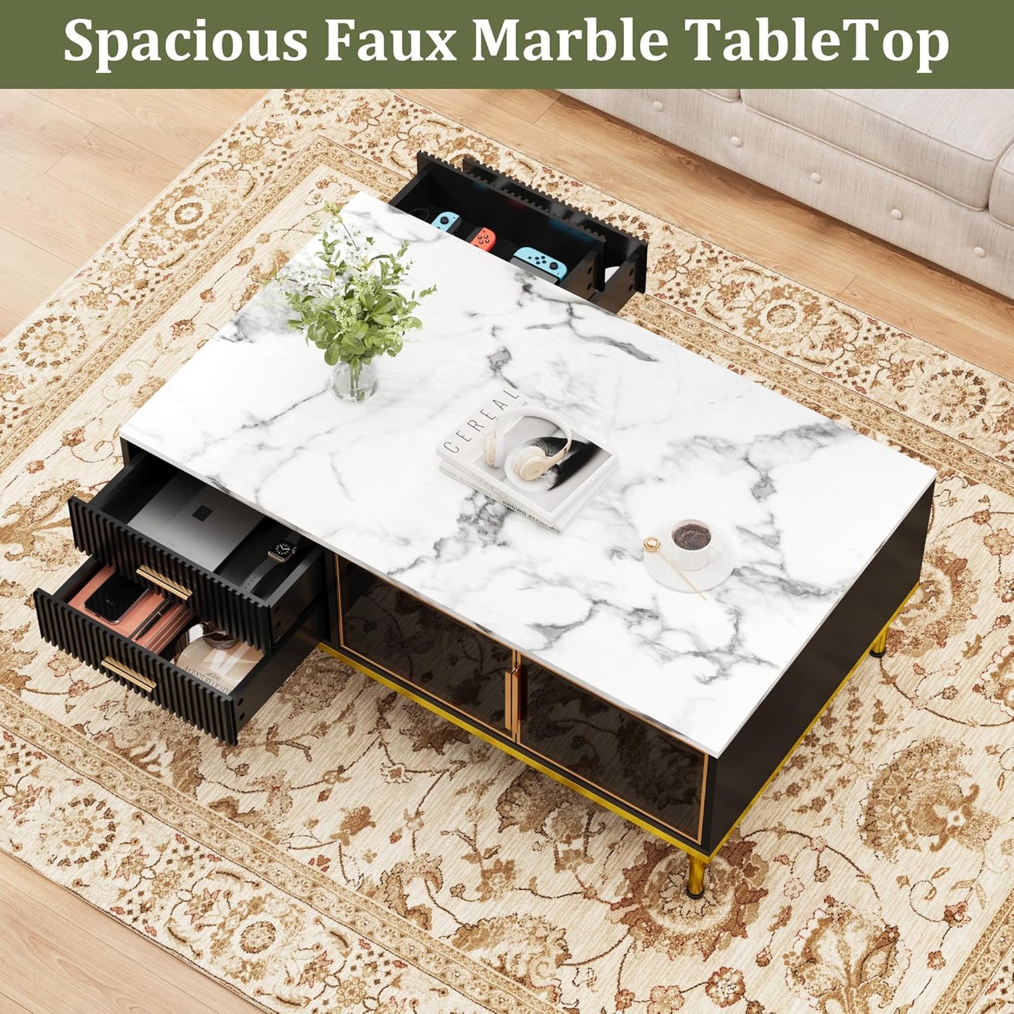 GAOMON Coffee Table for Living Room, Faux Marble Coffee Table with 4 Drawers and Glass Doors Storage, Modern Aesthetic Fluted Panel Design,Black & Gold