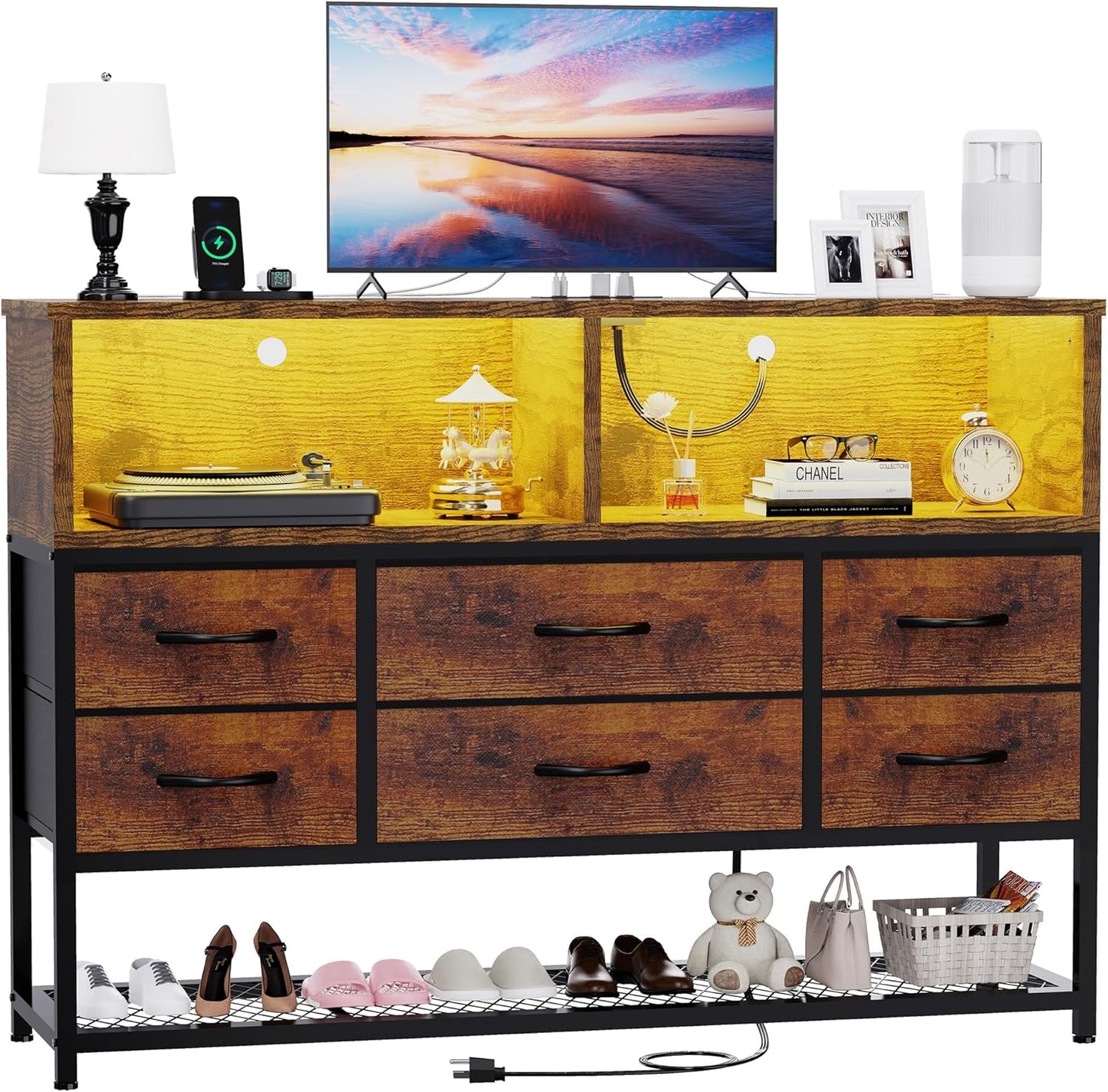 Dresser for Bedroom, 6 Drawers Led Dresser TV Stand with Power Outlets and LED Lights, Long Fabric Dressers Wide Chest of Drawers with Large Organizer Shoe Rack for Living Room, Entryway