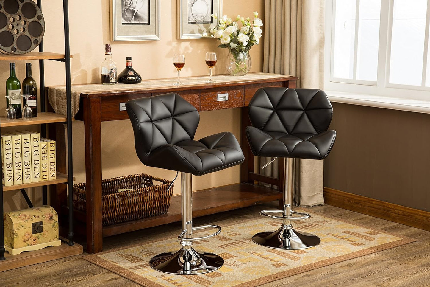 Roundhill Furniture Glasgow Contemporary Tufted Adjustable Height Hydraulic Black Bar Stools, Set of 2,