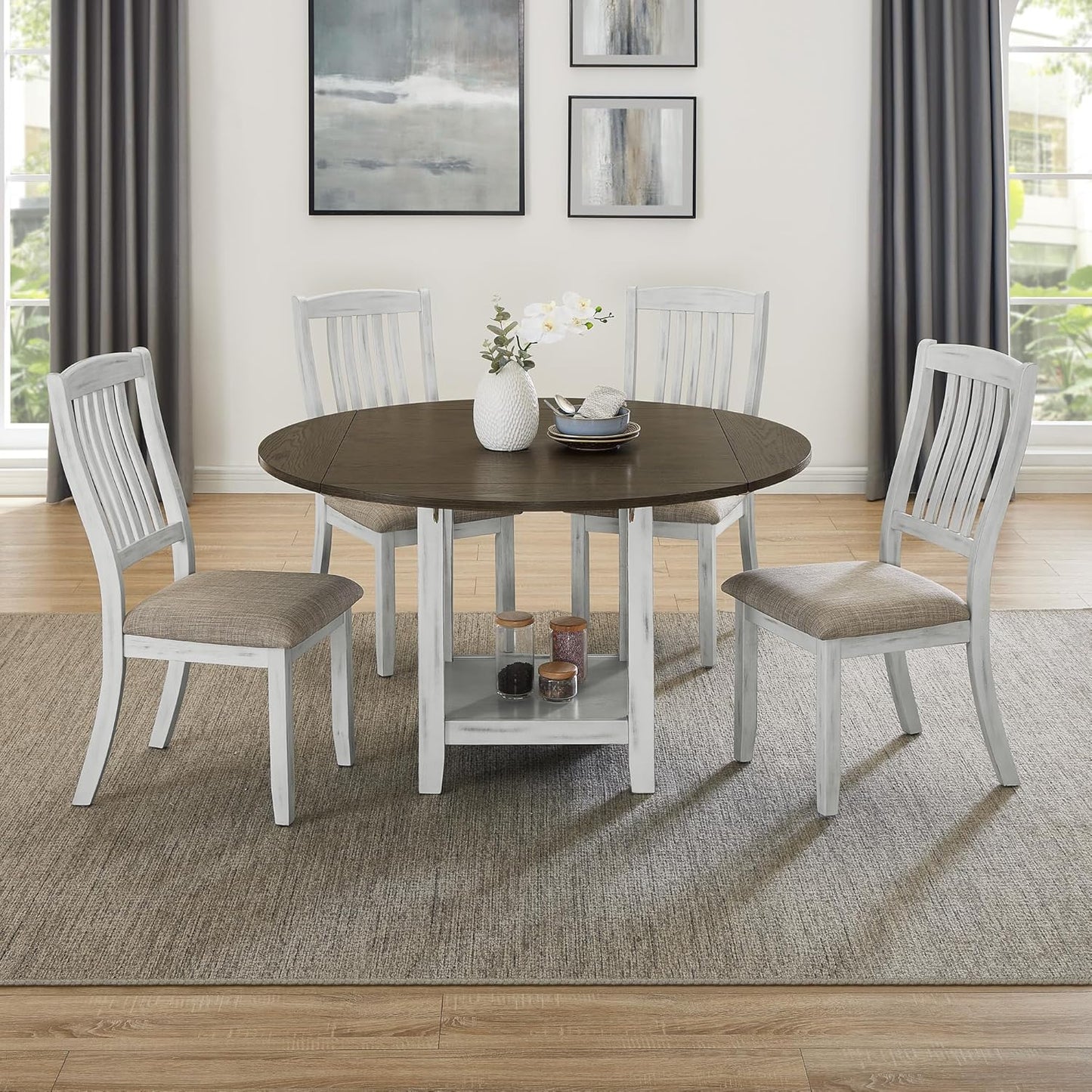 Ball & Cast 5 Pieces Dining Table Set with 4 Chairs and 51" Round Folding Dining Table,Kitchen Table and Chairs for 4 W/Trestle Table Base,for Small Space,Apartment,Dining Room,Brown White